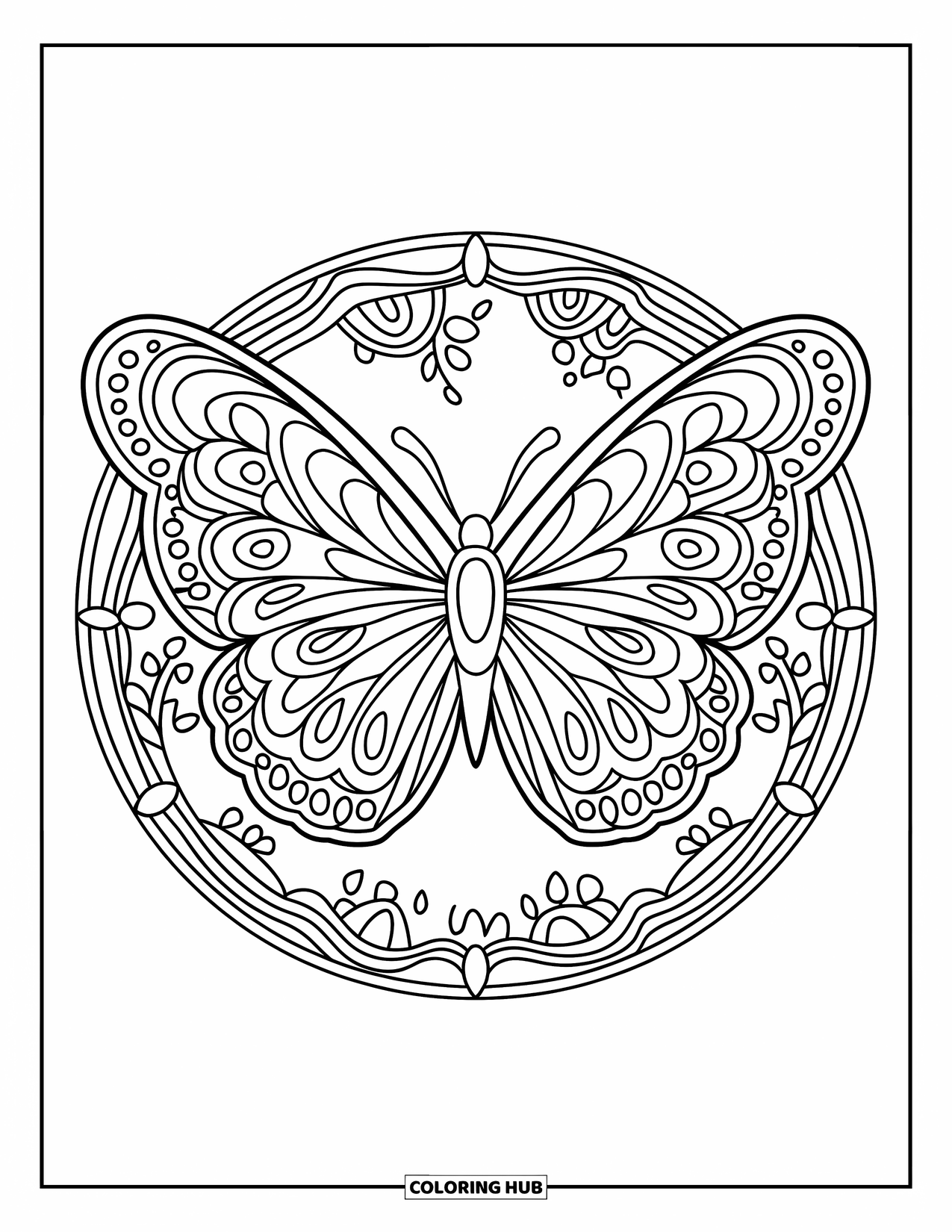 Butterfly Mandala Coloring Page for Adults: Detailed butterfly made of layered vines and blossoms inside a circular mandala