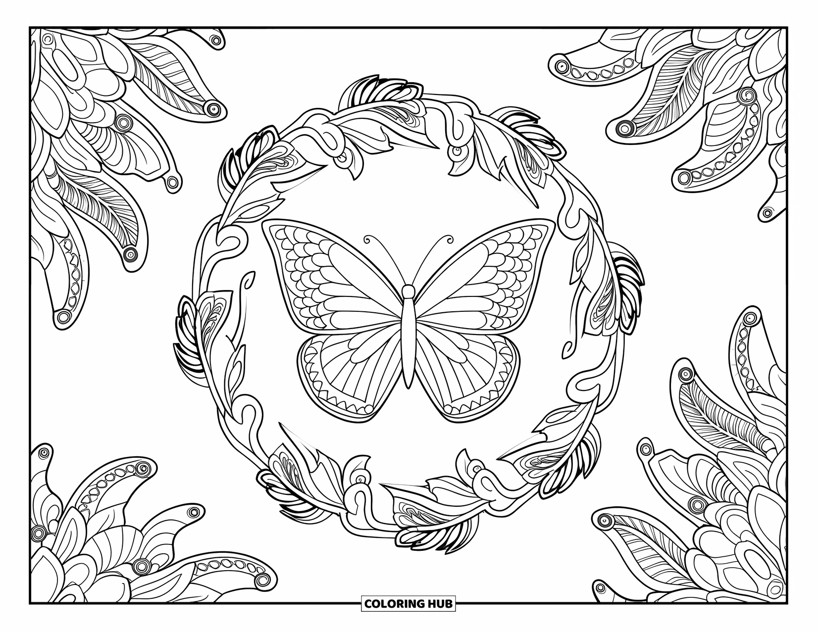 Butterfly Mandala Coloring Page for Adults: Large butterfly with mandala wings and a border of vines, feathers, and fans