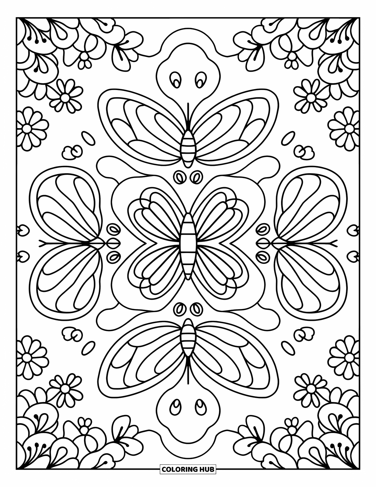 Butterfly Mandala Coloring Page for Adults: Playful butterflies and blossoms swirl in a warm, hygge-style mandala