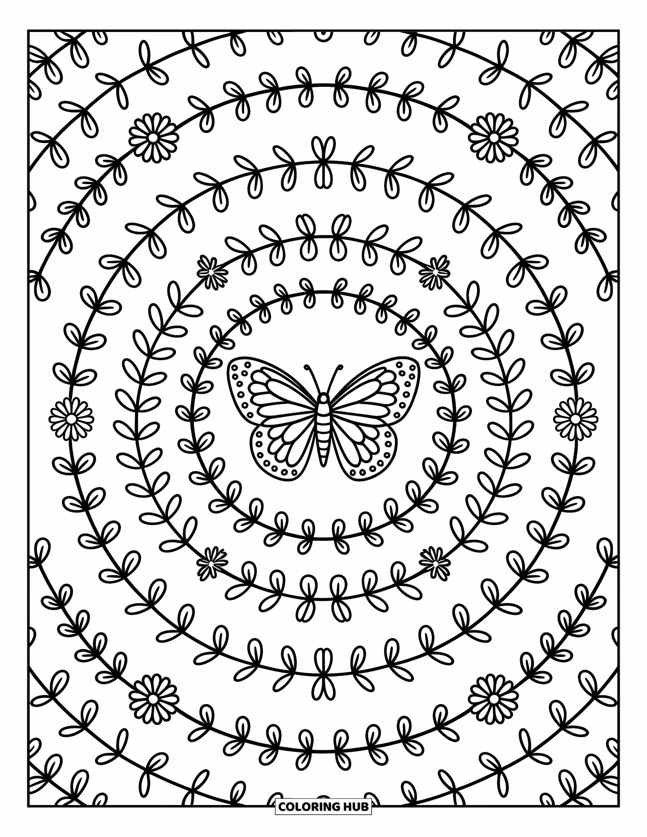 Butterfly Mandala Coloring Page for Adults: Symmetrical mandala with a butterfly, twinkly stars, and leafy vines