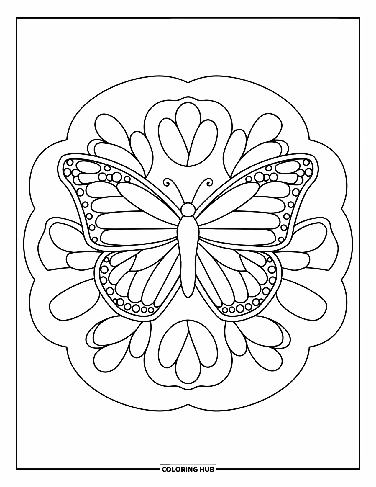 Butterfly Mandala Coloring Page for Kids: Big butterfly framed with thick flower petals in a ring