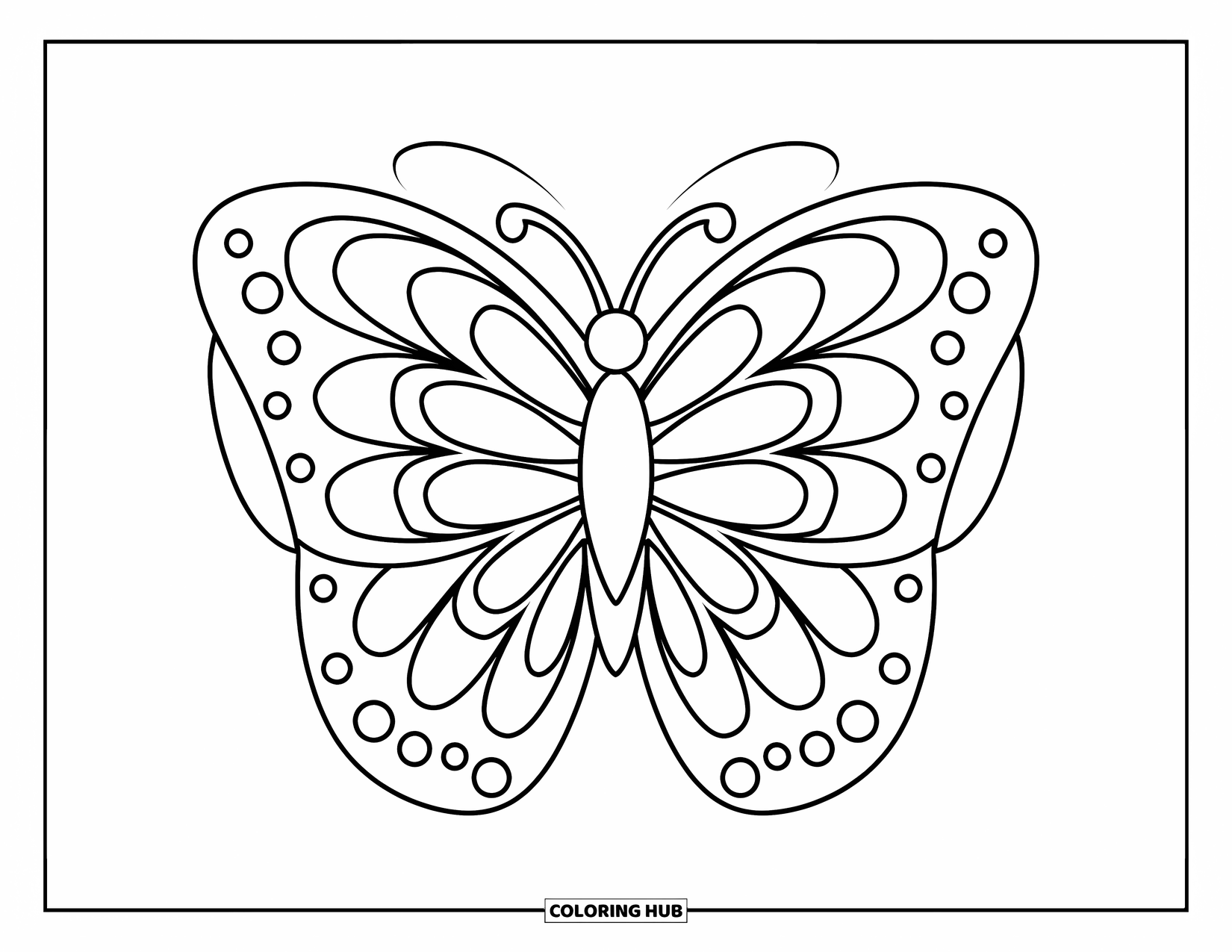 Butterfly Mandala Coloring Page for Kids: Big-winged butterfly in a flower-like mandala design
