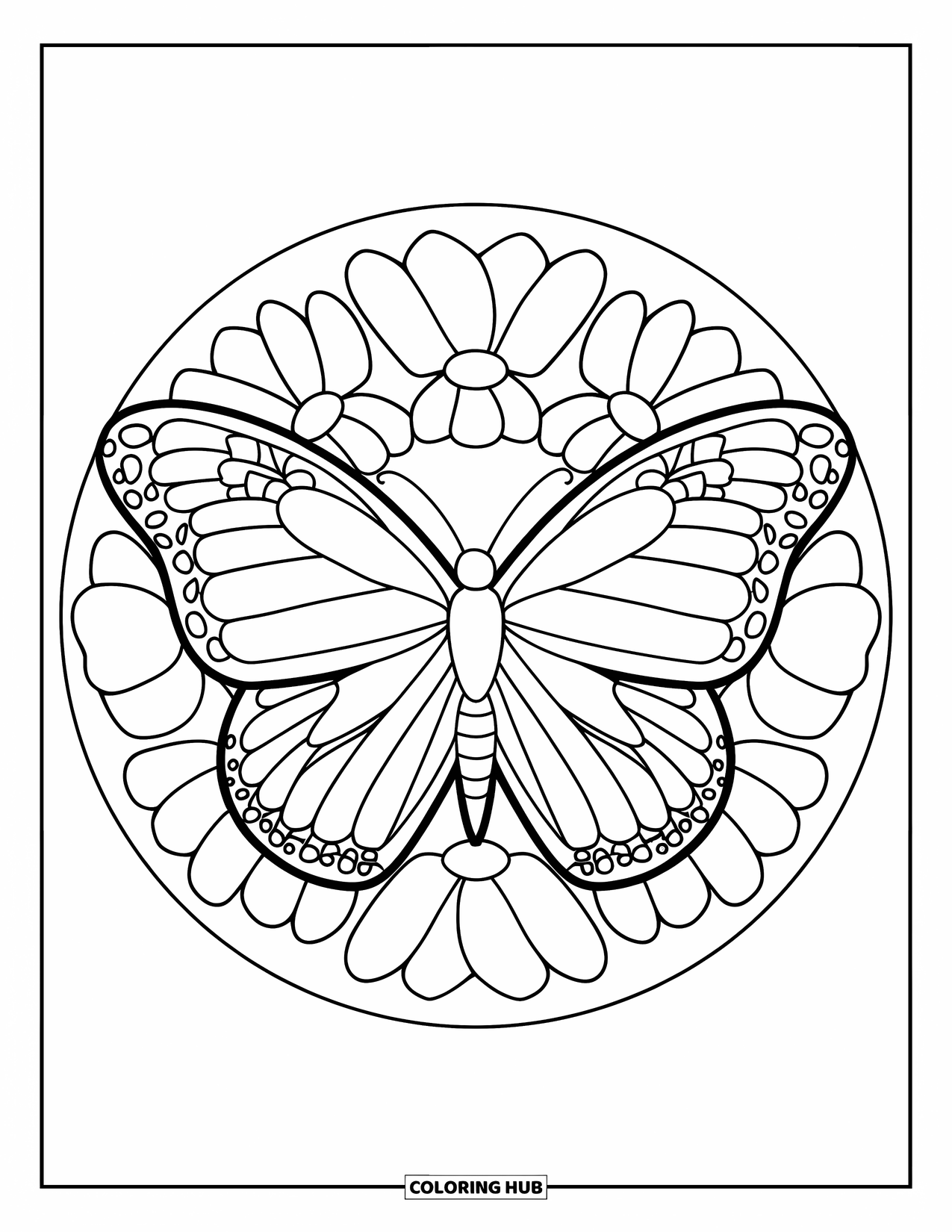 Butterfly Mandala Coloring Page for Kids: Butterfly and bold petals create a bright, round mandala