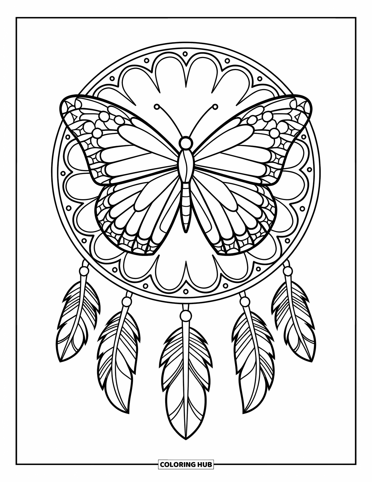 Butterfly Mandala Coloring Page for Kids: Butterfly and feathers swirl together in this expressive dreamcatcher mandala