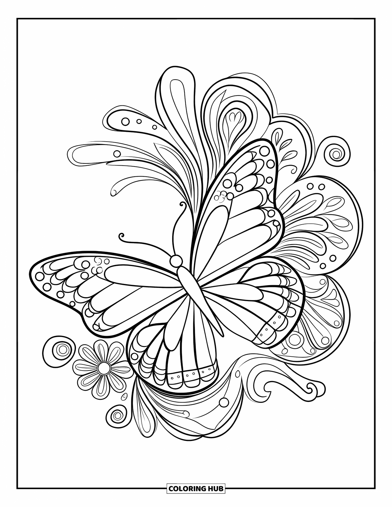 Butterfly Mandala Coloring Page for Kids: Butterfly and floral patterns blend into a lively mandala