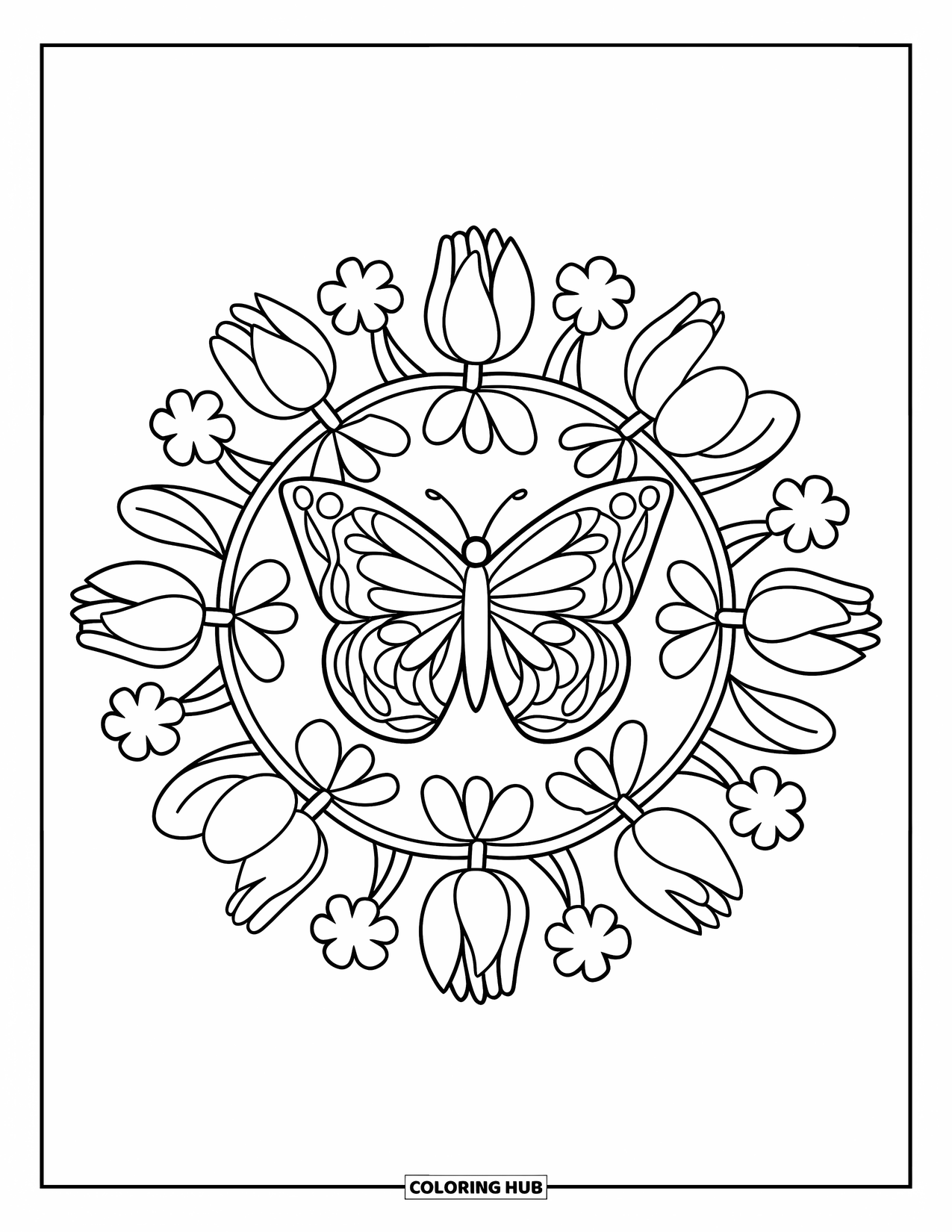 Butterfly Mandala Coloring Page for Kids: Butterfly at the center of tulips and vines in a playful mandala
