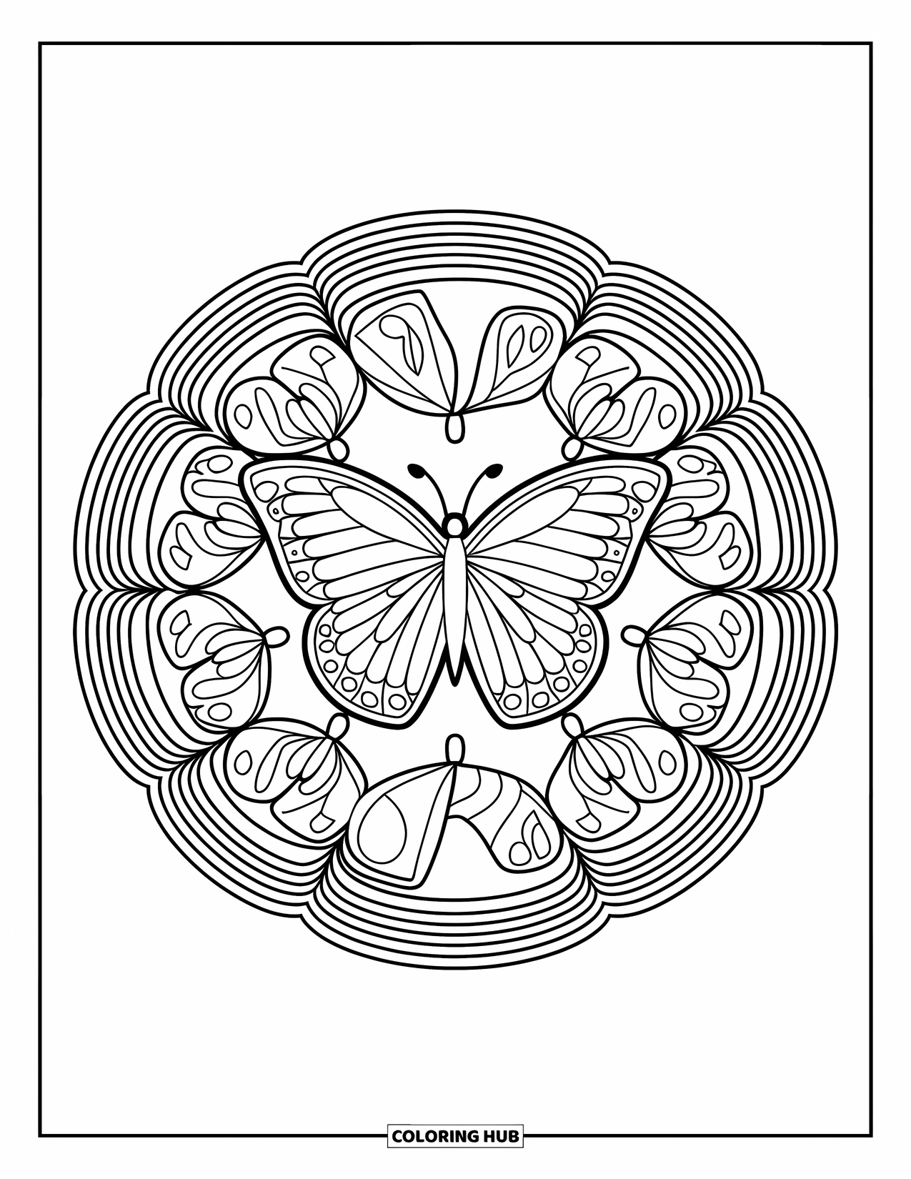 Butterfly Mandala Coloring Page for Kids: Butterfly in the middle of rainbow rings and playful patterns