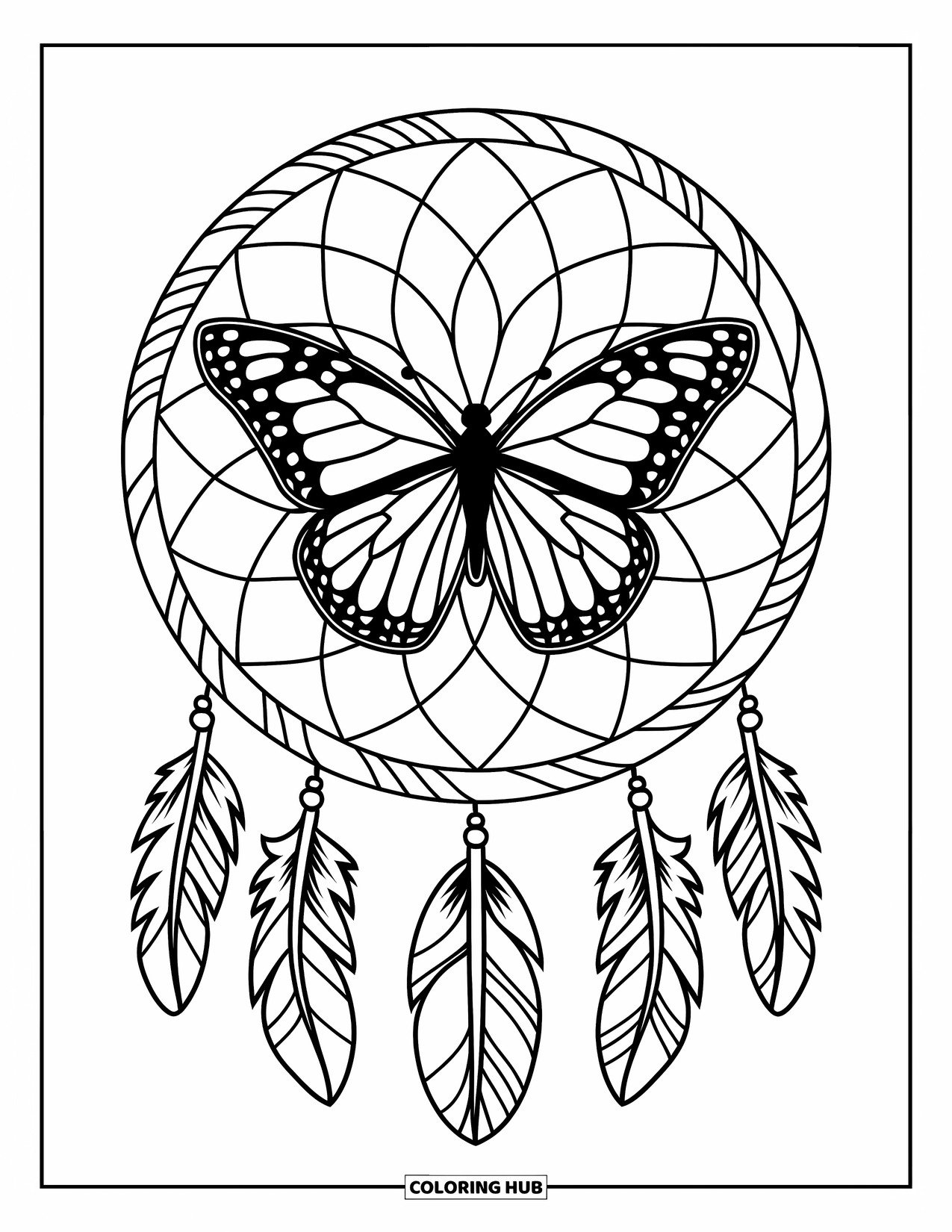 Butterfly Mandala Coloring Page for Kids: Butterfly inside a dreamcatcher-style mandala with feathers and lines