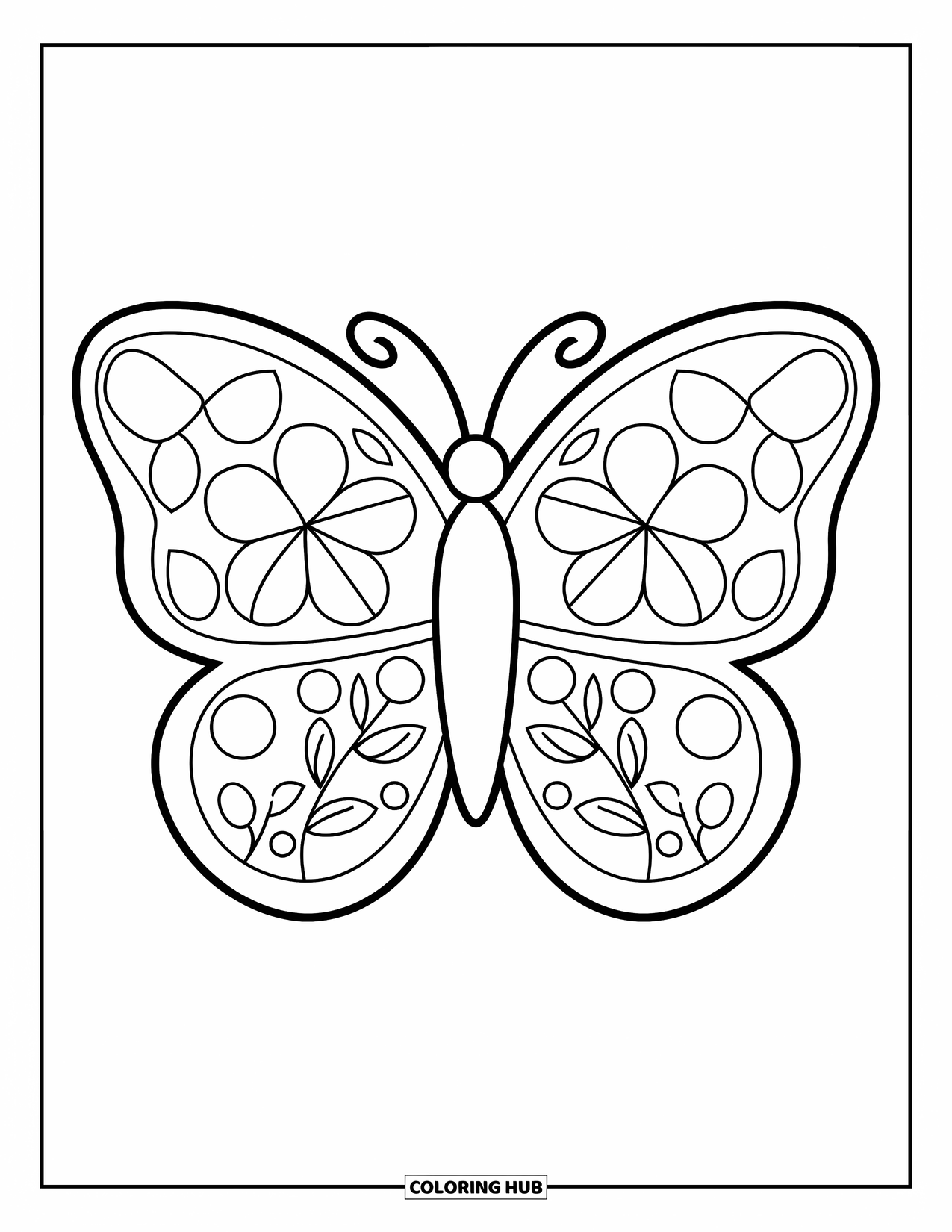 Butterfly Mandala Coloring Page for Kids: Butterfly made of big flower and leaf shapes in a circle