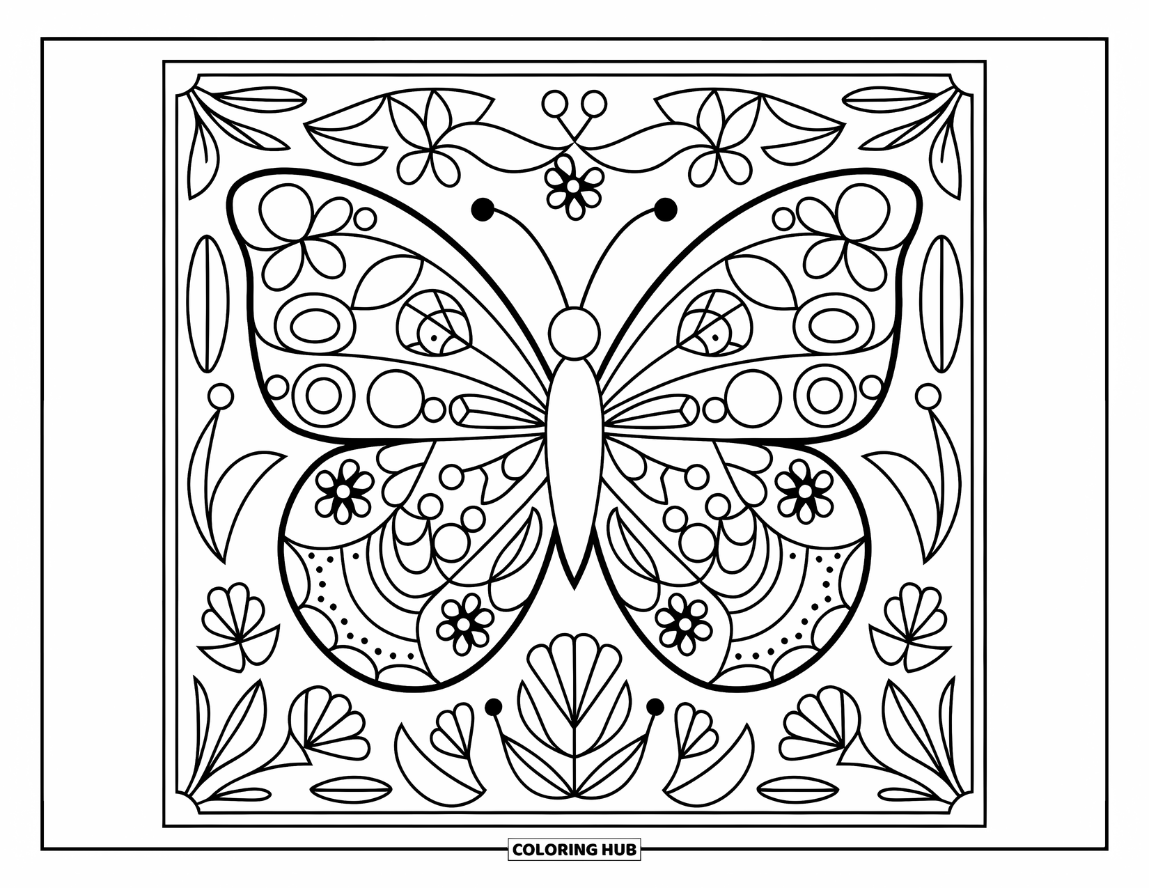 Butterfly Mandala Coloring Page for Kids: Butterfly mandala filled with cheerful spring flowers and playful shapes