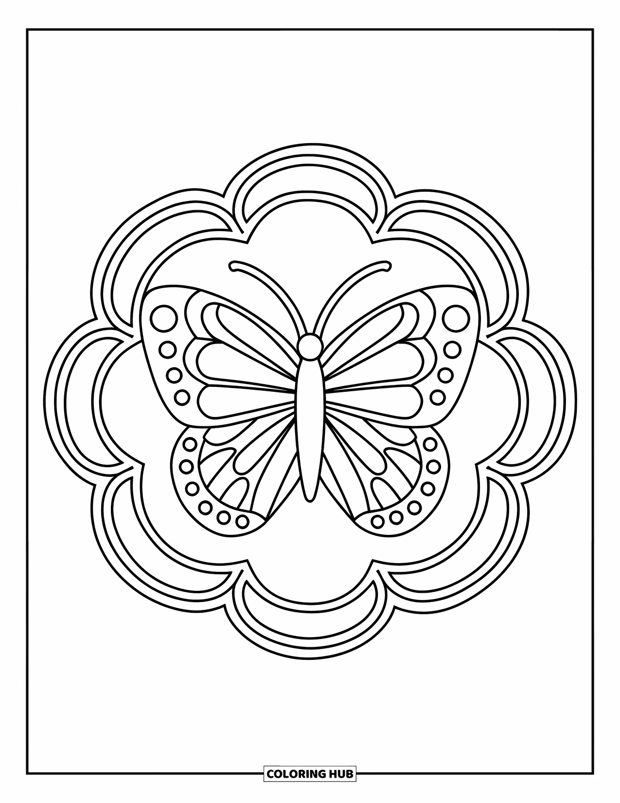 Butterfly Mandala Coloring Page for Kids: Butterfly mandala framed by chunky rainbow arcs