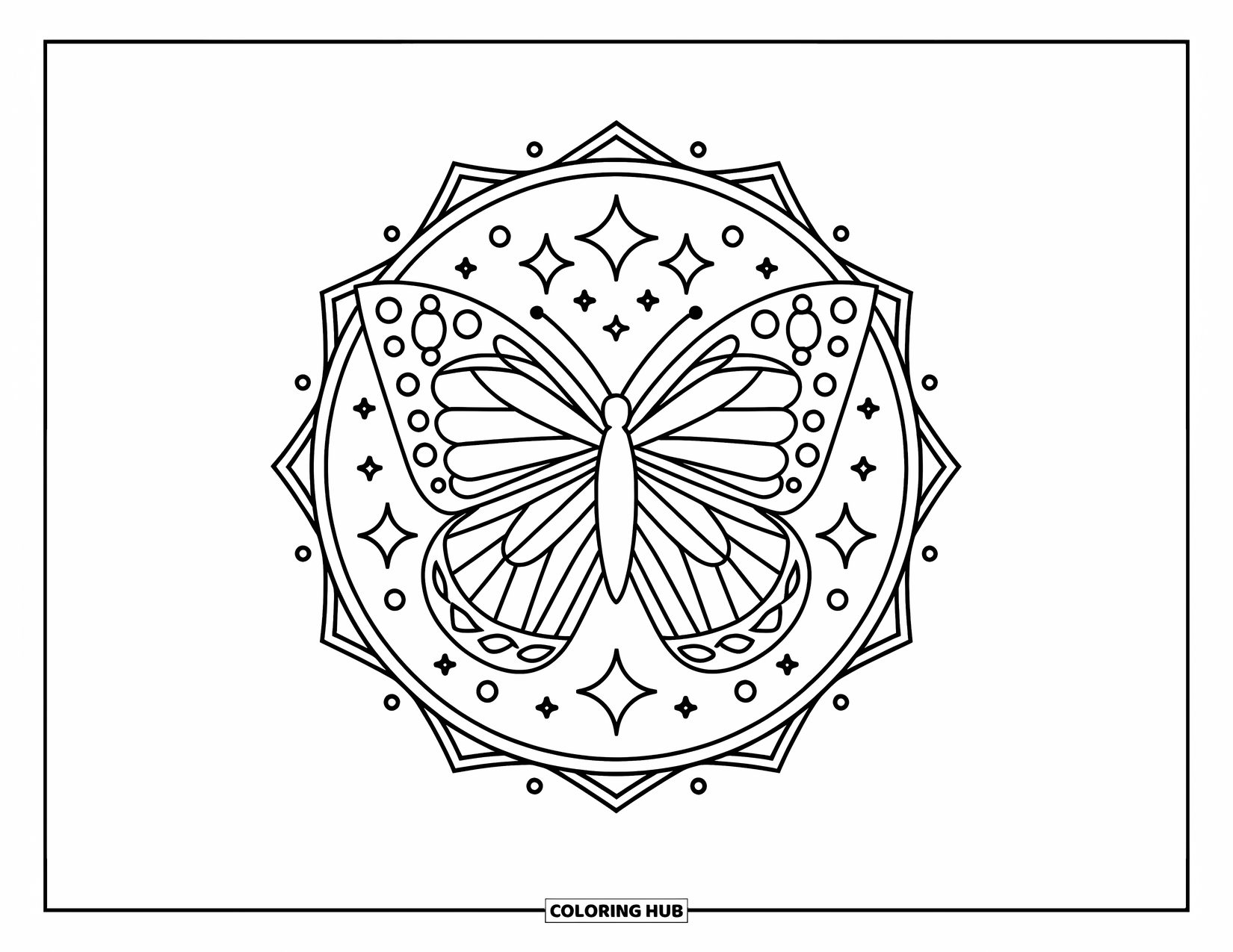 Butterfly Mandala Coloring Page for Kids: Butterfly mandala sparkles with stars and geometric borders all around