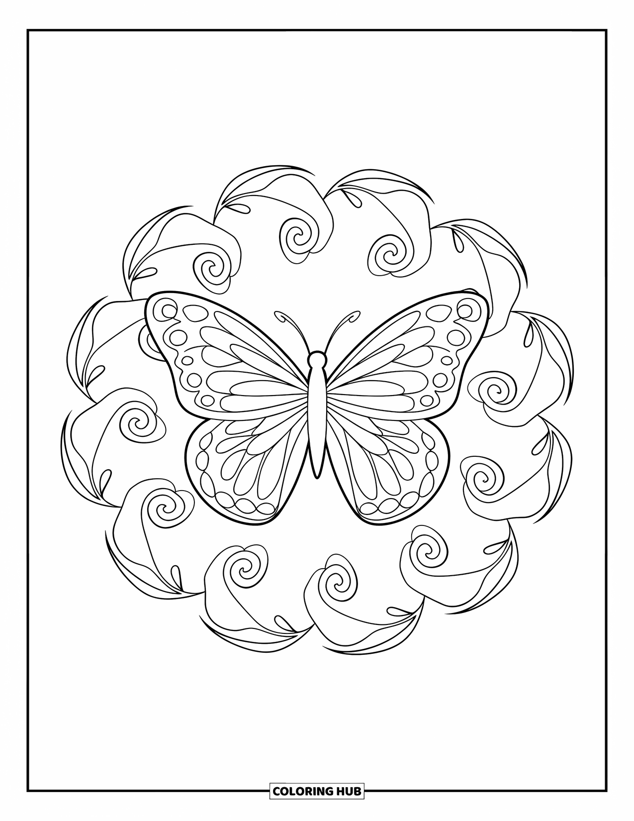 Butterfly Mandala Coloring Page for Kids: Butterfly mandala swirls with leafy vines and gentle flower shapes