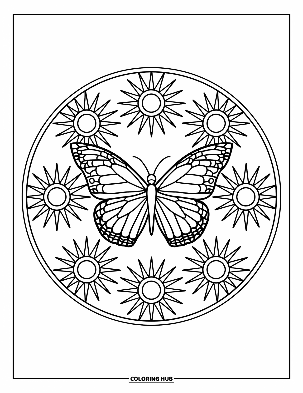 Butterfly Mandala Coloring Page for Kids: Butterfly mandala with sunbursts and bold floral shapes
