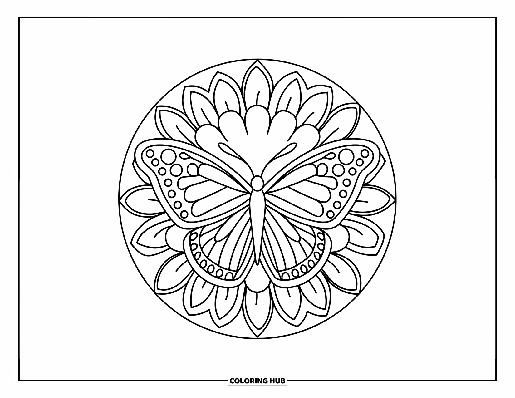 Butterfly Mandala Coloring Page for Kids: Butterfly on a flower with leaf shapes spiraling out in a fun mandala
