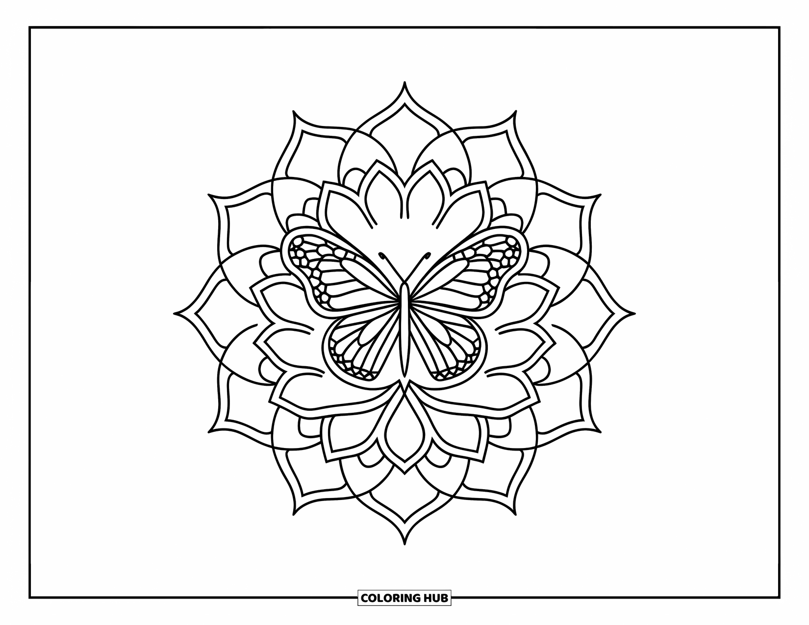 Butterfly Mandala Coloring Page for Kids: Butterfly rests on a lotus surrounded by layered petals in a bold mandala
