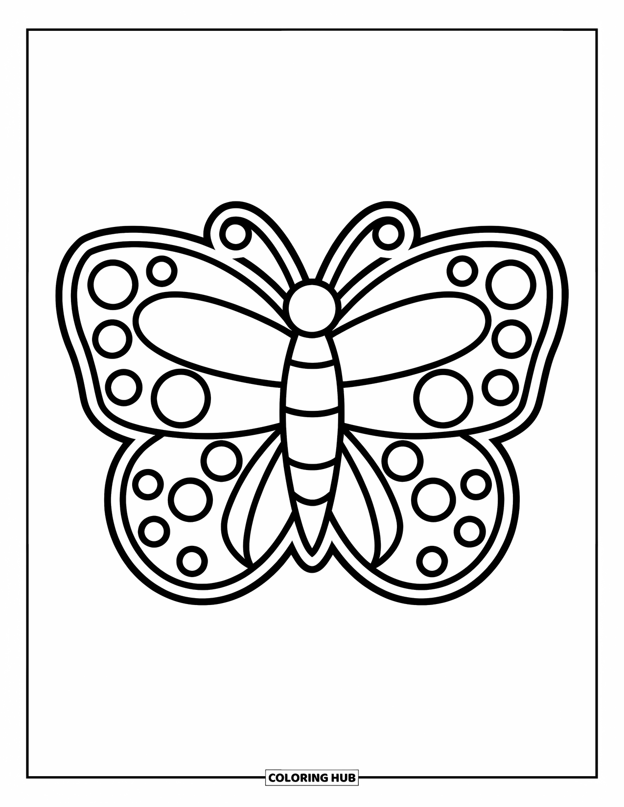 Butterfly Mandala Coloring Page for Kids: Butterfly with chunky dots and swirling wing patterns