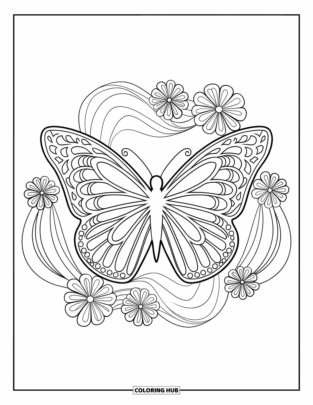 Butterfly Mandala Coloring Page for Kids: Butterfly with detailed wings framed in a floral spiral mandala