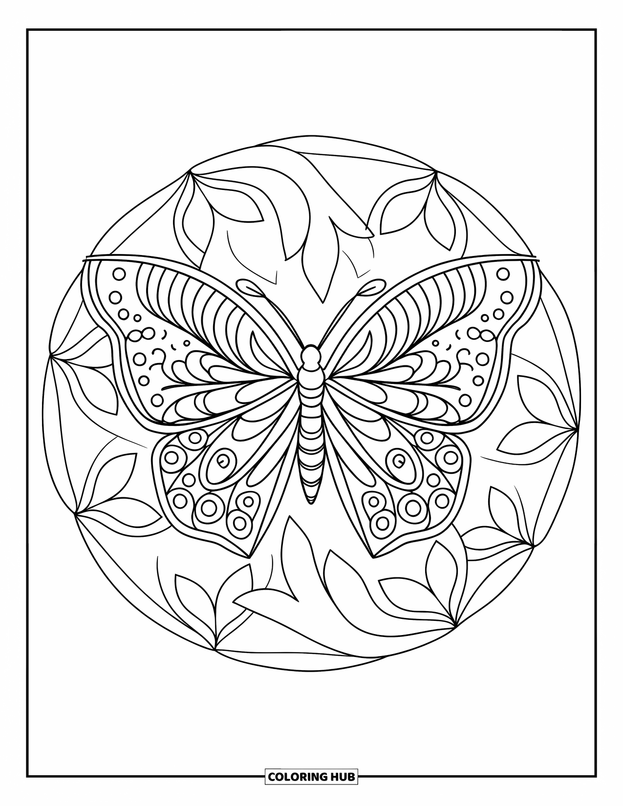 Butterfly Mandala Coloring Page for Kids: Butterfly with detailed wings in a mandala of leafy curls