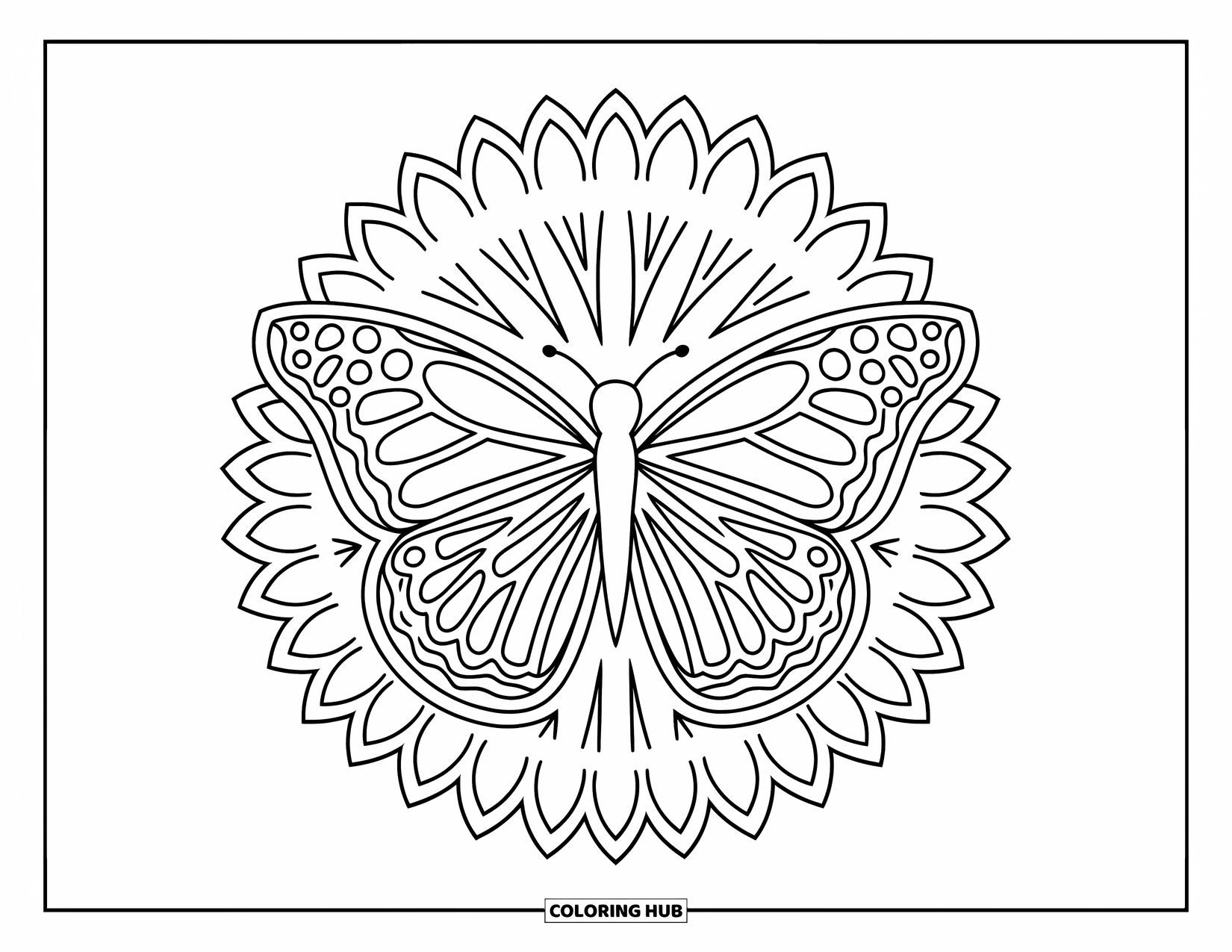 Butterfly Mandala Coloring Page for Kids: Butterfly with petal wings spreads wide in a cheerful mandala