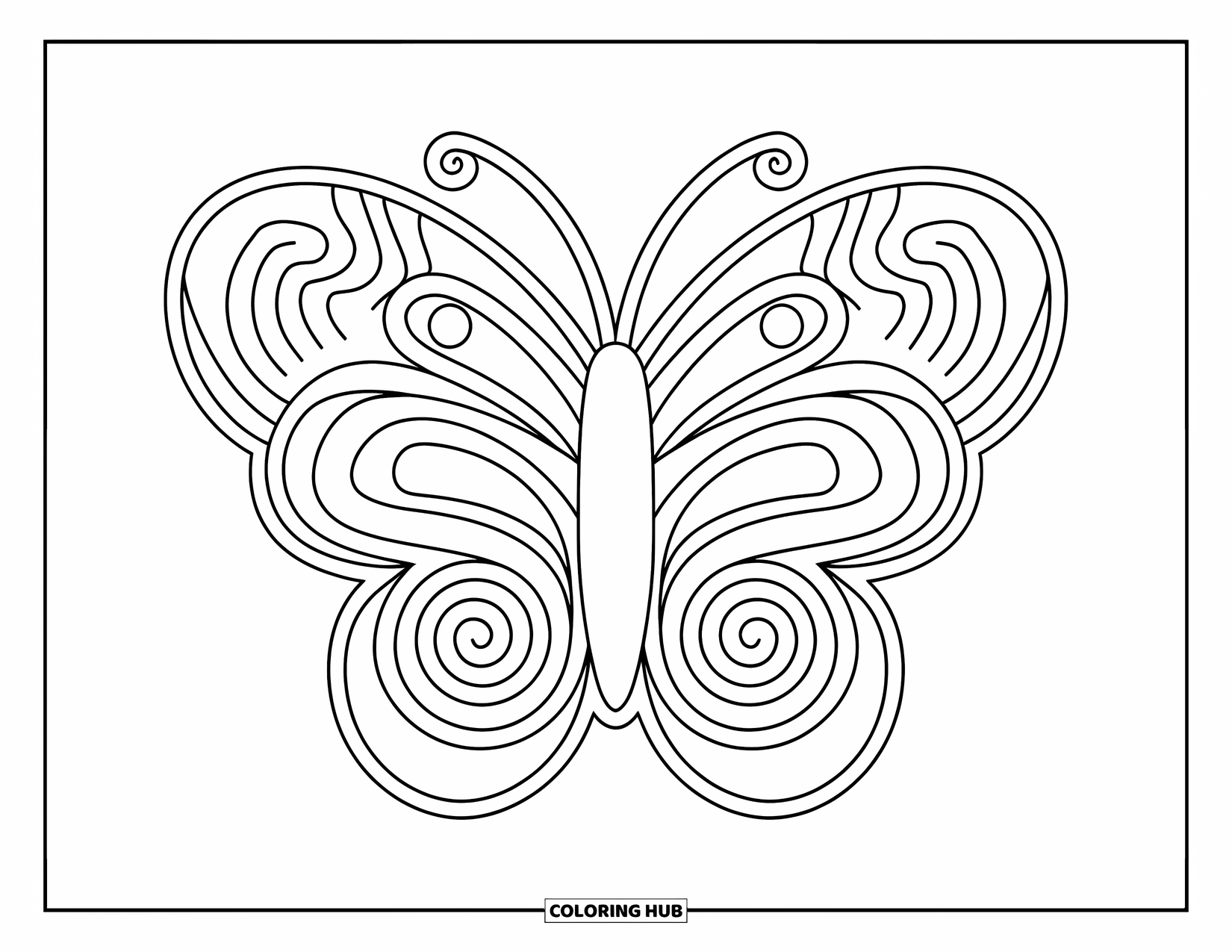 Butterfly Mandala Coloring Page for Kids: Butterfly with rounded wings sits in a simple, bold mandala