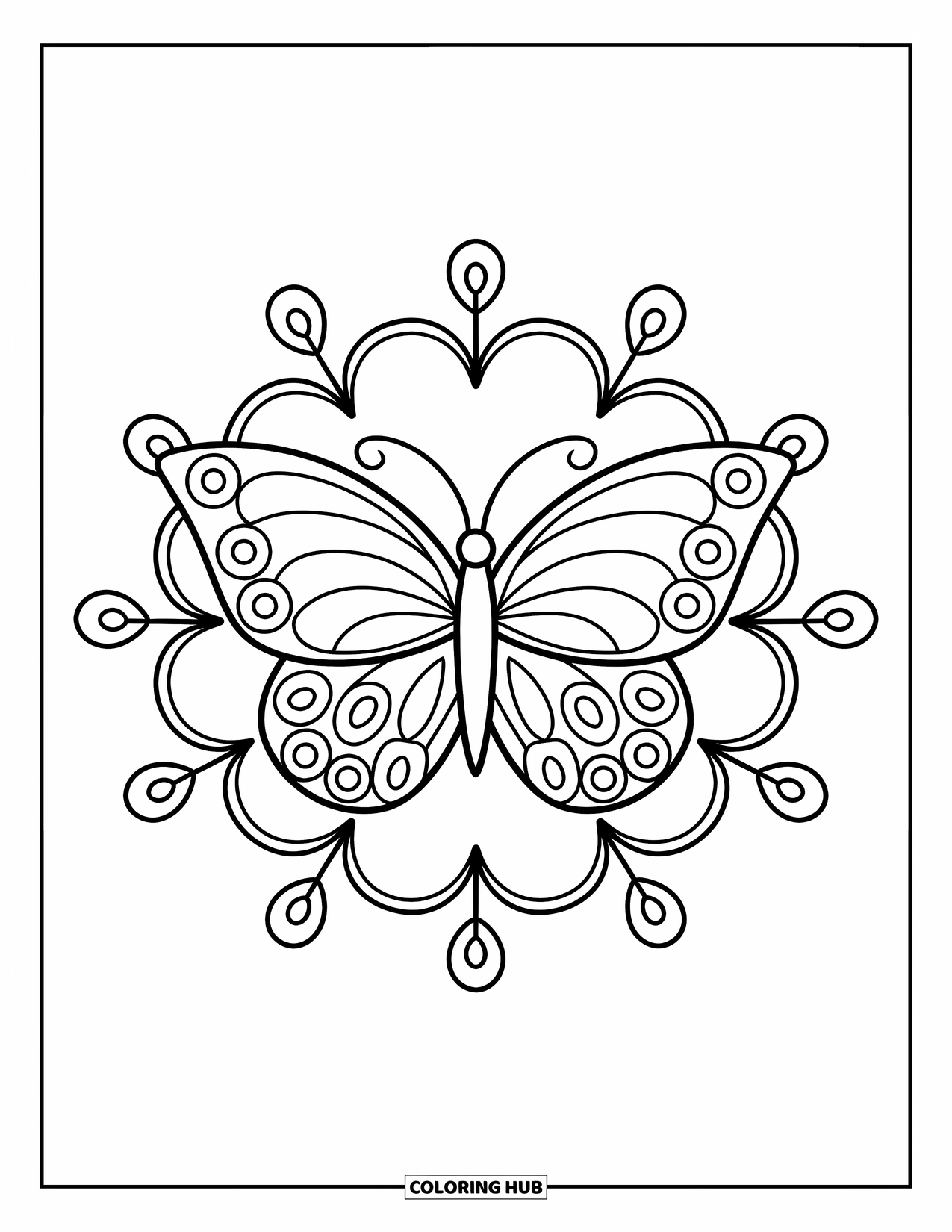 Butterfly Mandala Coloring Page for Kids: Centered butterfly with leafy swirls creates a peaceful mandala