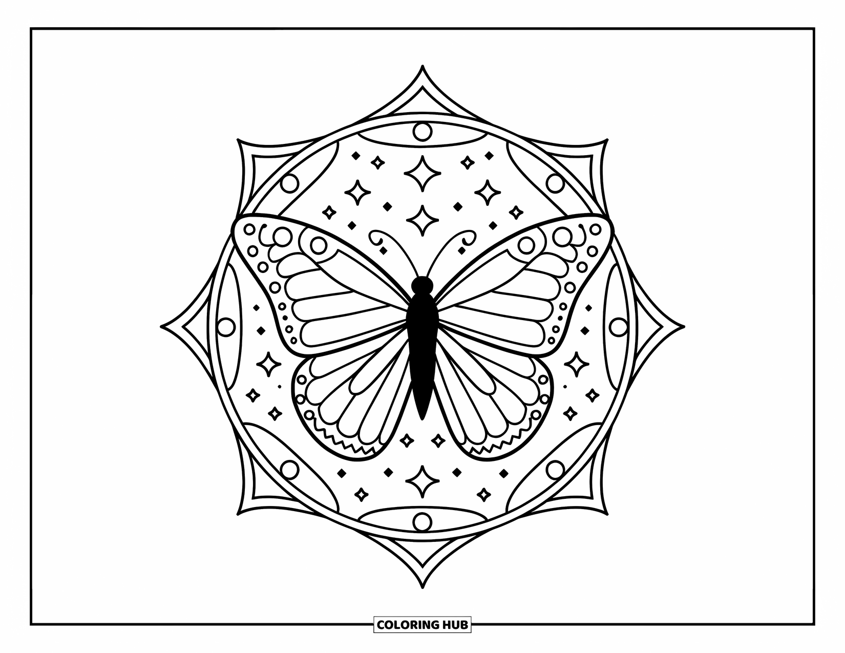 Butterfly Mandala Coloring Page for Kids: Centered butterfly with stars and sparkles framed in a modern mandala