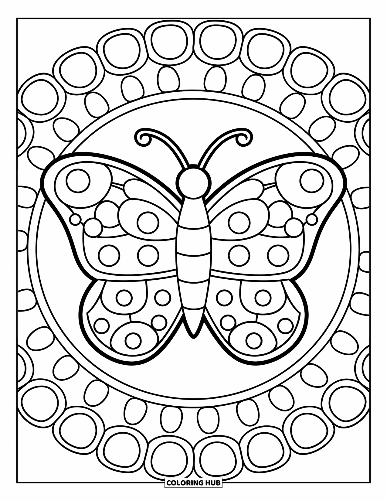 Butterfly Mandala Coloring Page for Kids: Cute swirly-wing butterfly with dots and bold outlines
