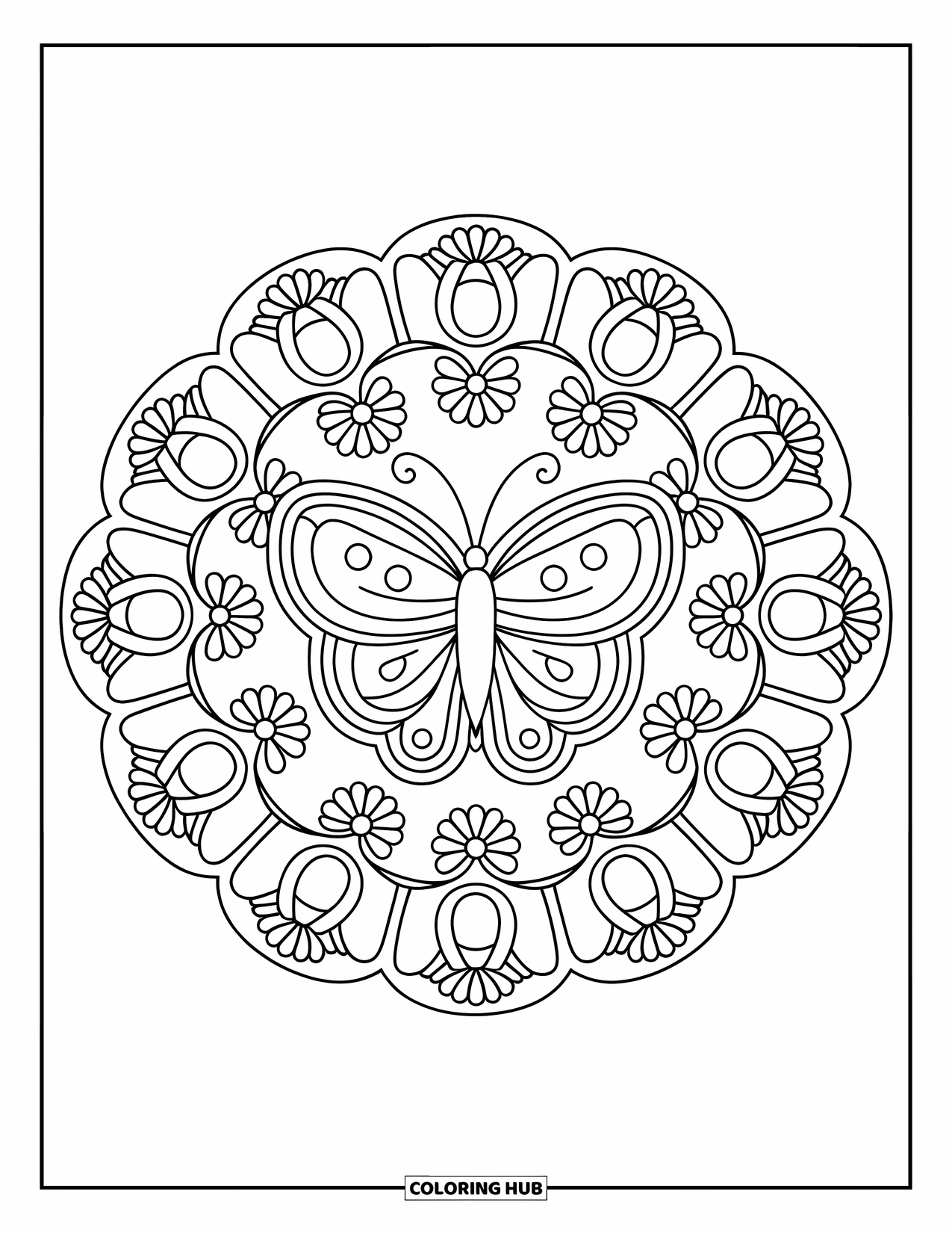 Butterfly Mandala Coloring Page for Kids: Daisy and tulip spiral mandala with butterfly in the middle