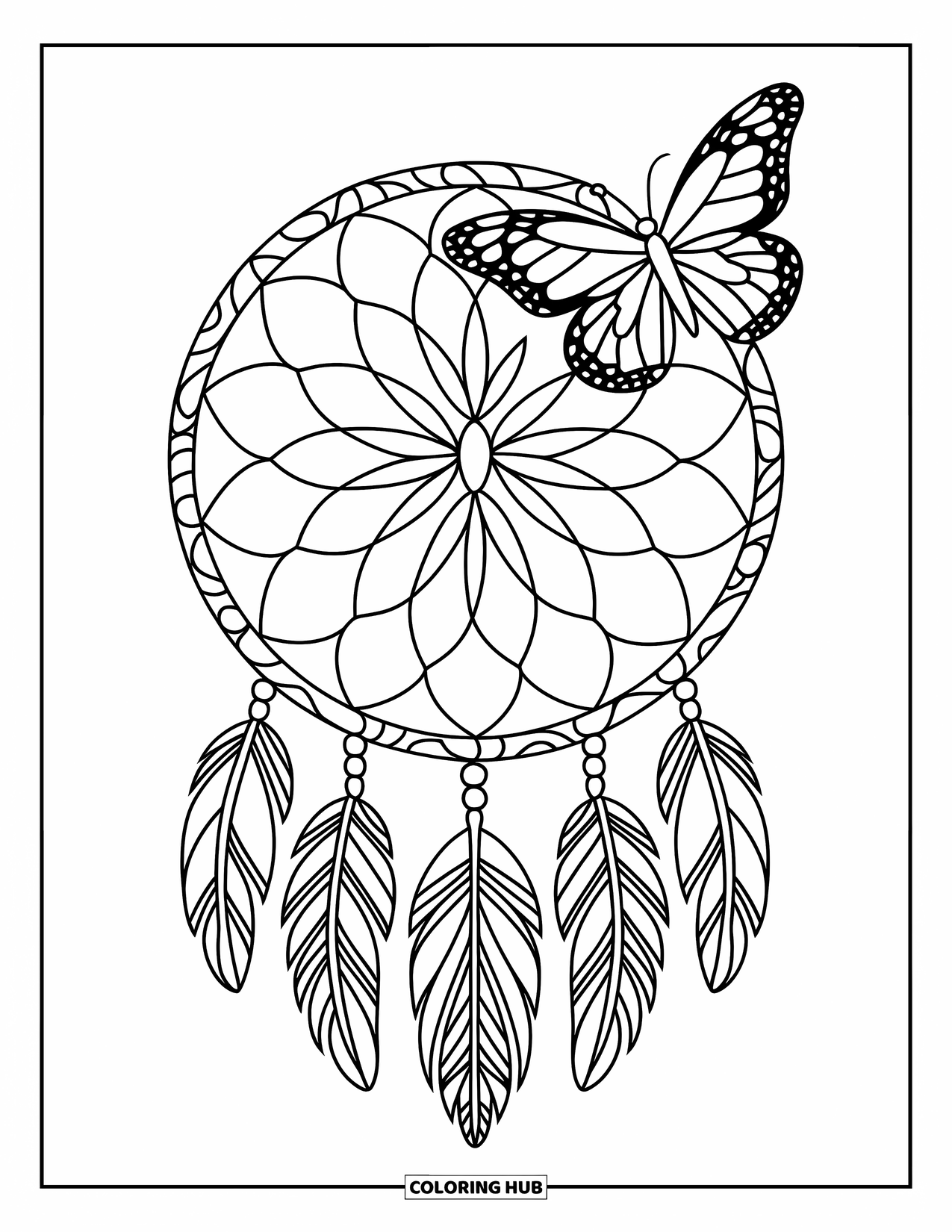 Butterfly Mandala Coloring Page for Kids: Dreamcatcher-inspired butterfly mandala with bold lines and modern energy