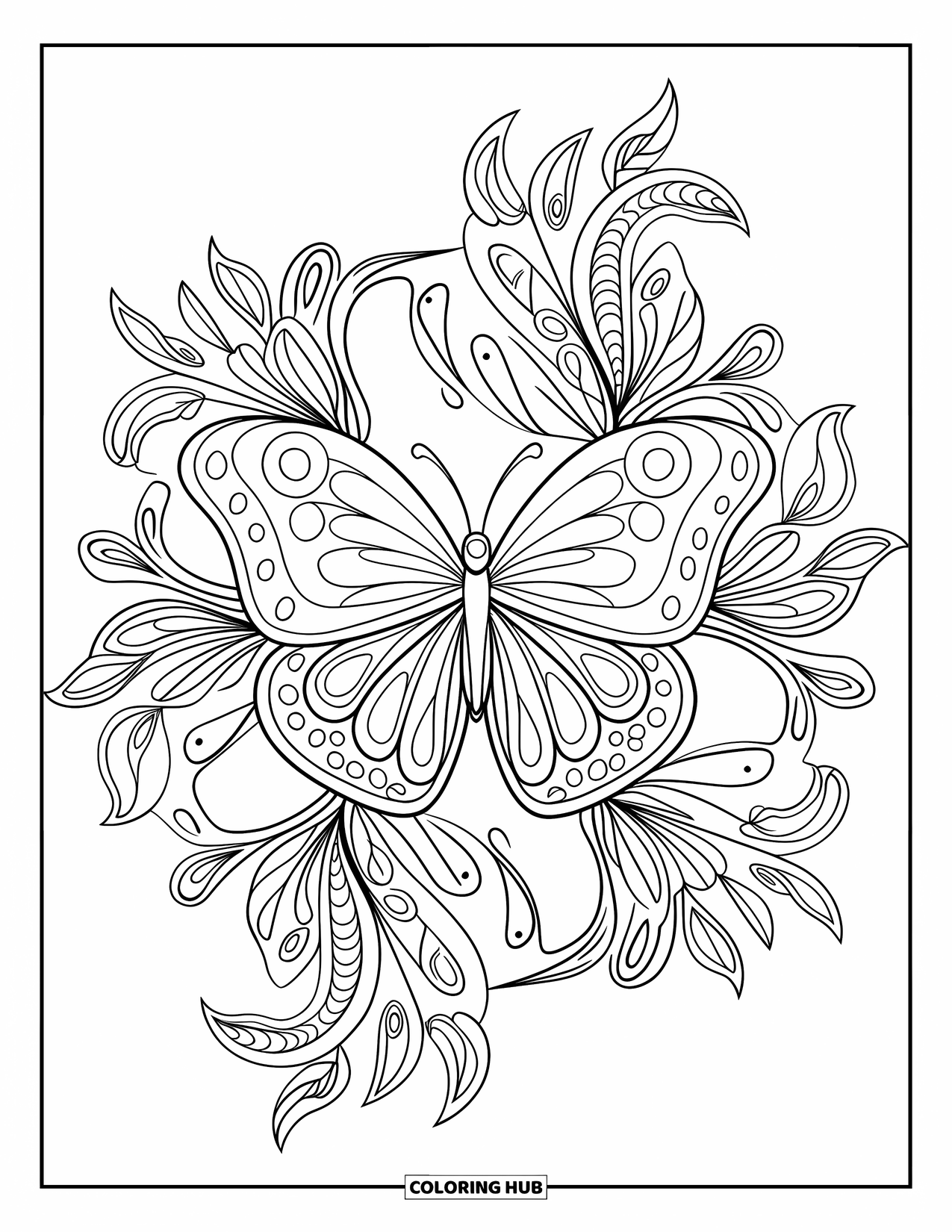 Butterfly Mandala Coloring Page for Kids: Flowy paisley mandala circles a butterfly in motion