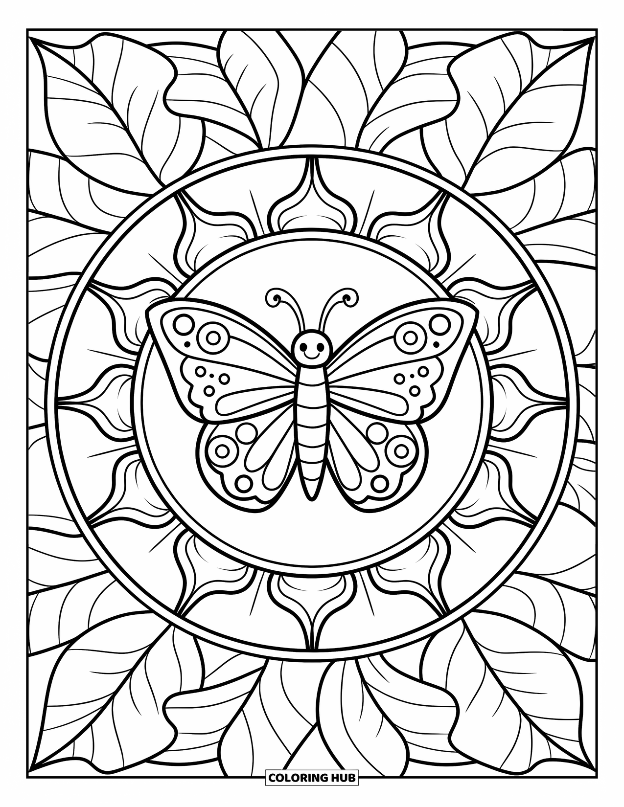 Butterfly Mandala Coloring Page for Kids: Happy butterfly surrounded by big, bold leaves