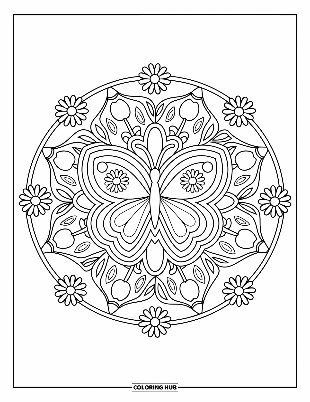 Butterfly Mandala Coloring Page for Kids: Layered butterfly mandala with daisies and tulips in a spiral