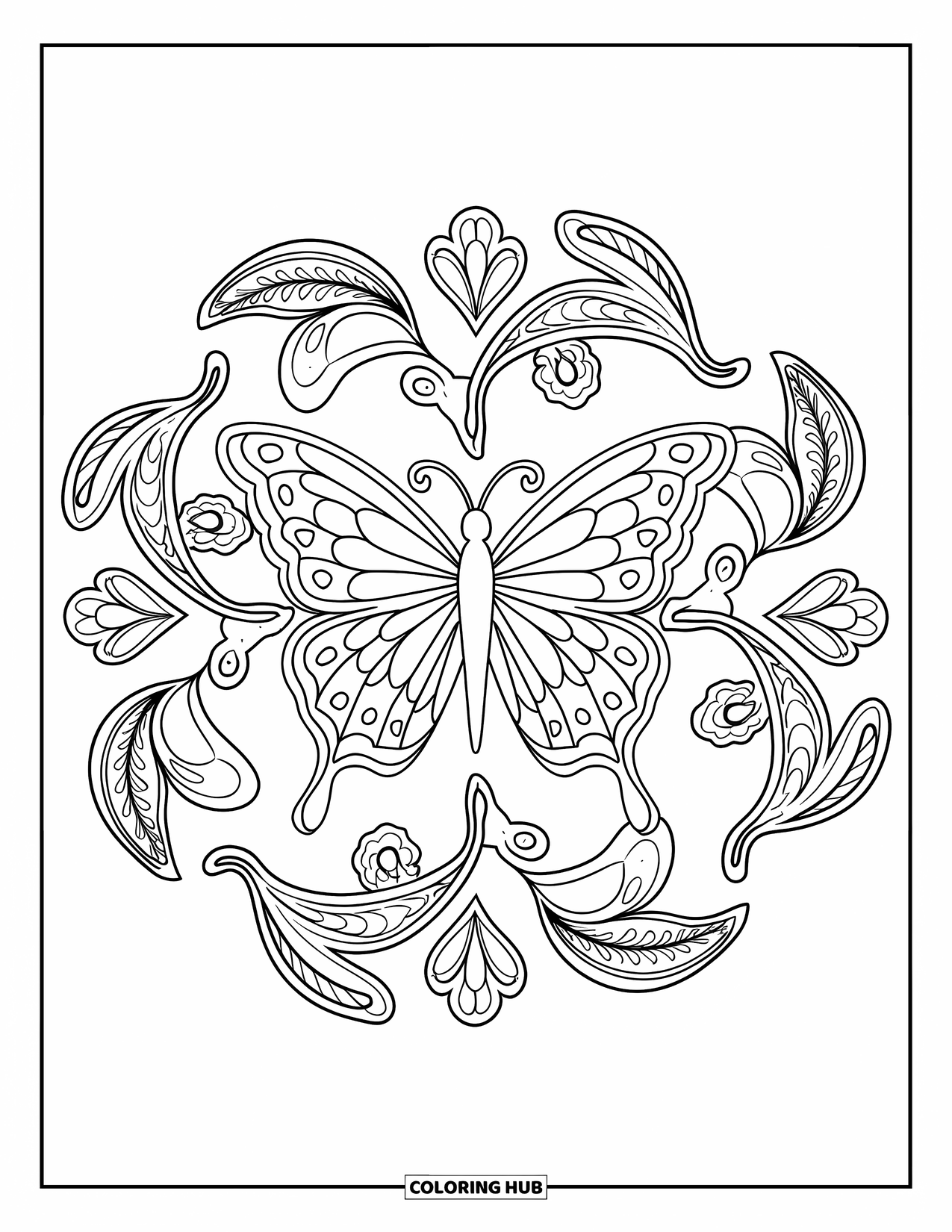 Butterfly Mandala Coloring Page for Kids: Leaf trails and butterfly wings create an energetic mandala