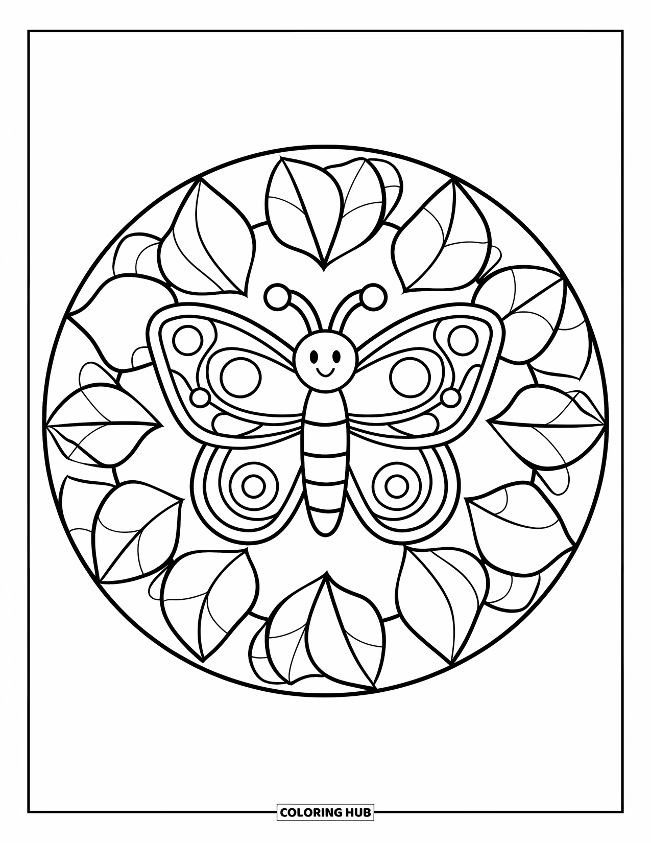 Butterfly Mandala Coloring Page for Kids: Leafy circle surrounds a cheerful butterfly