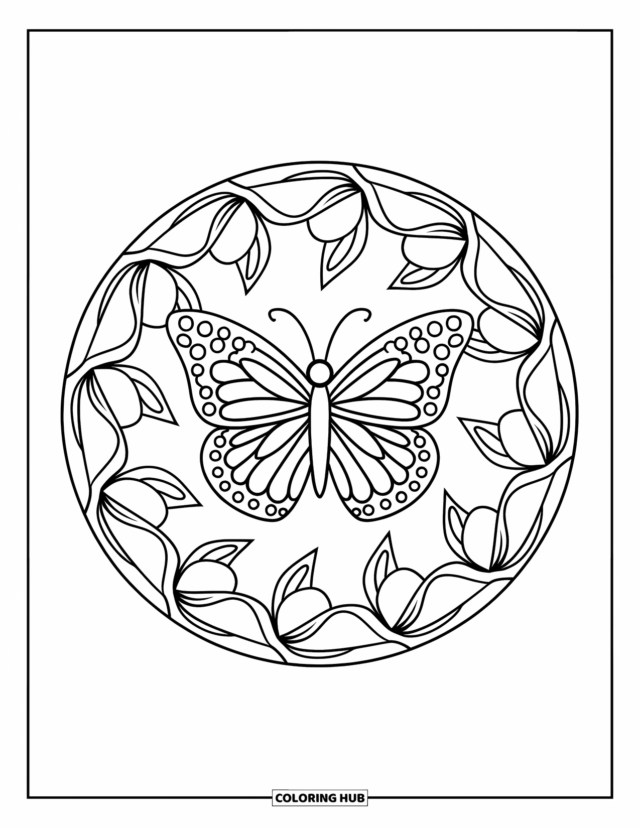Butterfly Mandala Coloring Page for Kids: Leafy swirl mandala wraps around a patterned butterfly