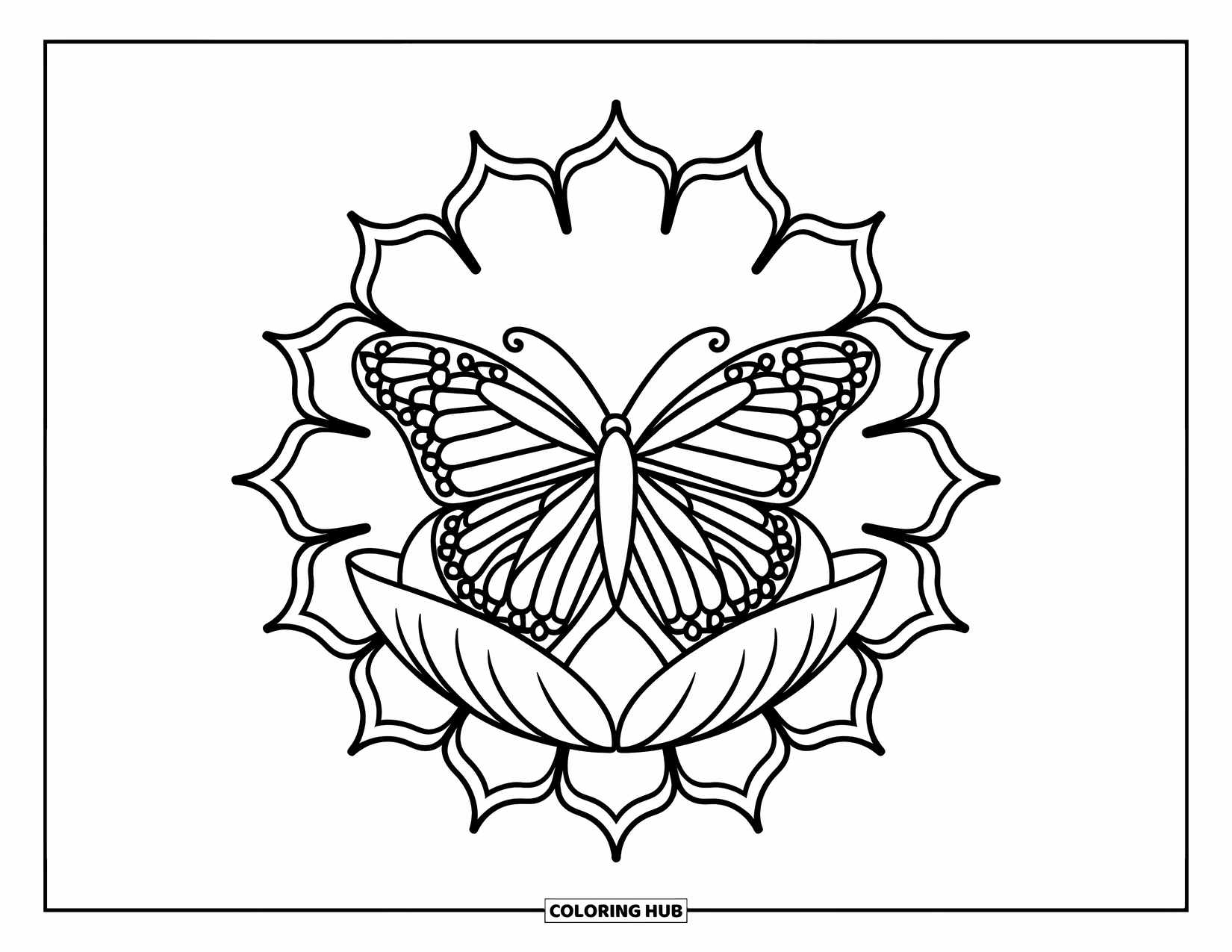 Butterfly Mandala Coloring Page for Kids: Lotus base holds a butterfly at the heart of this expressive mandala