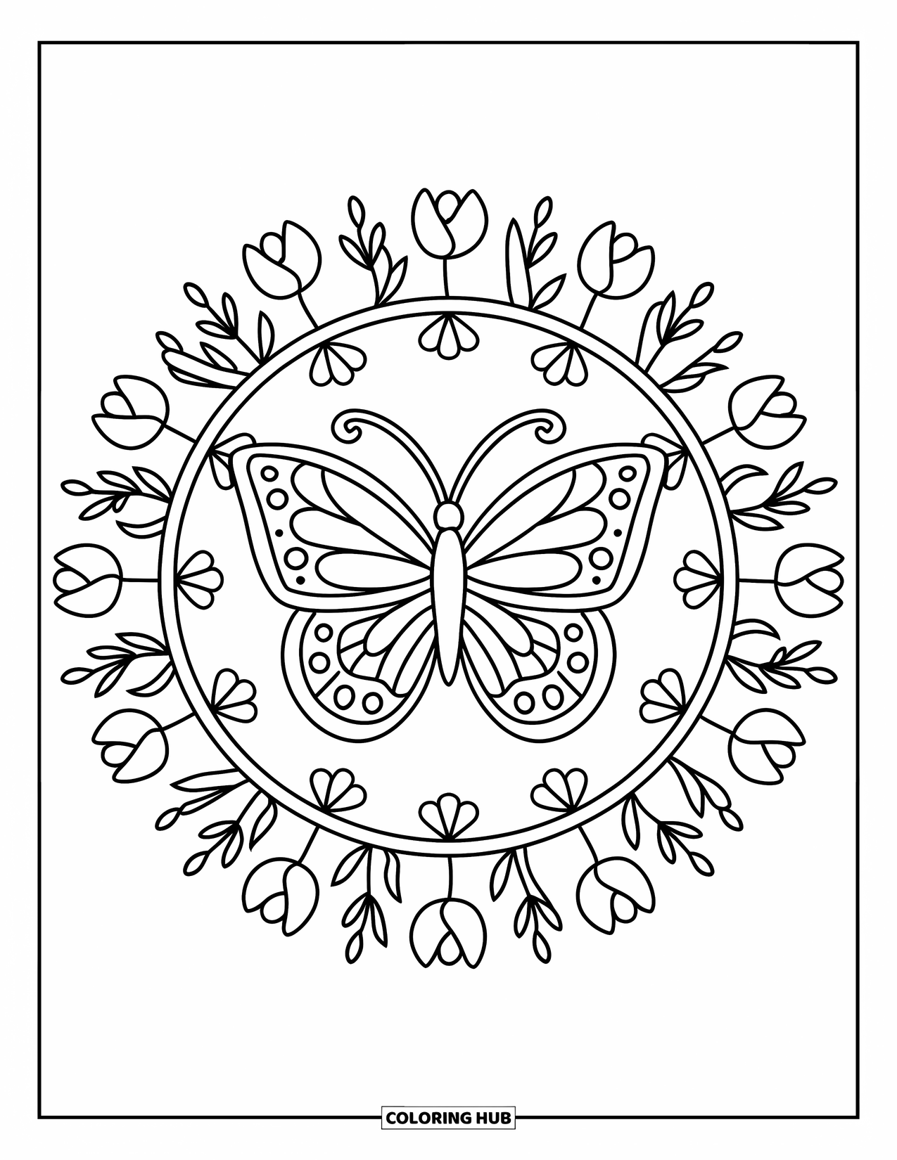 Butterfly Mandala Coloring Page for Kids: Mandala of butterfly and tulip ring is fun and easy to color