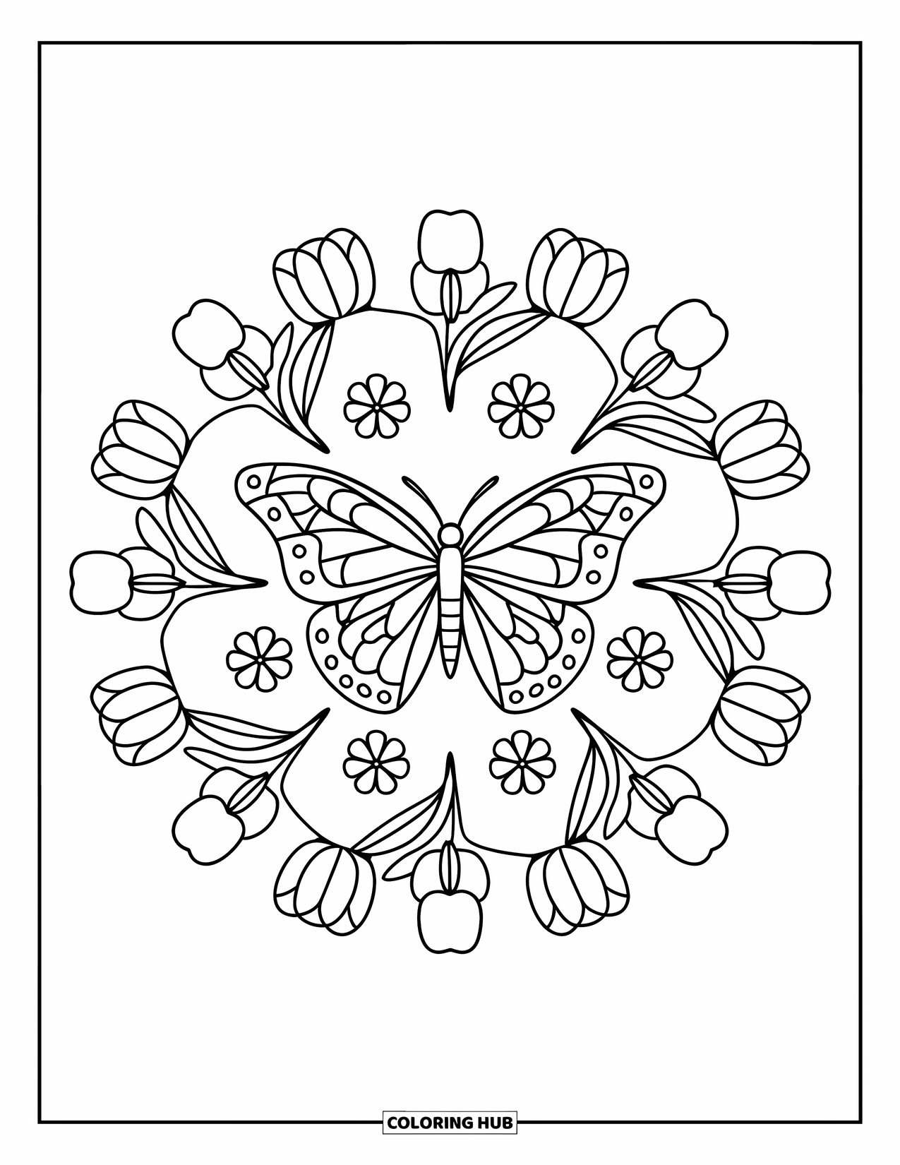 Butterfly Mandala Coloring Page for Kids: Mandala ring of tulips and clovers circles a cheerful butterfly