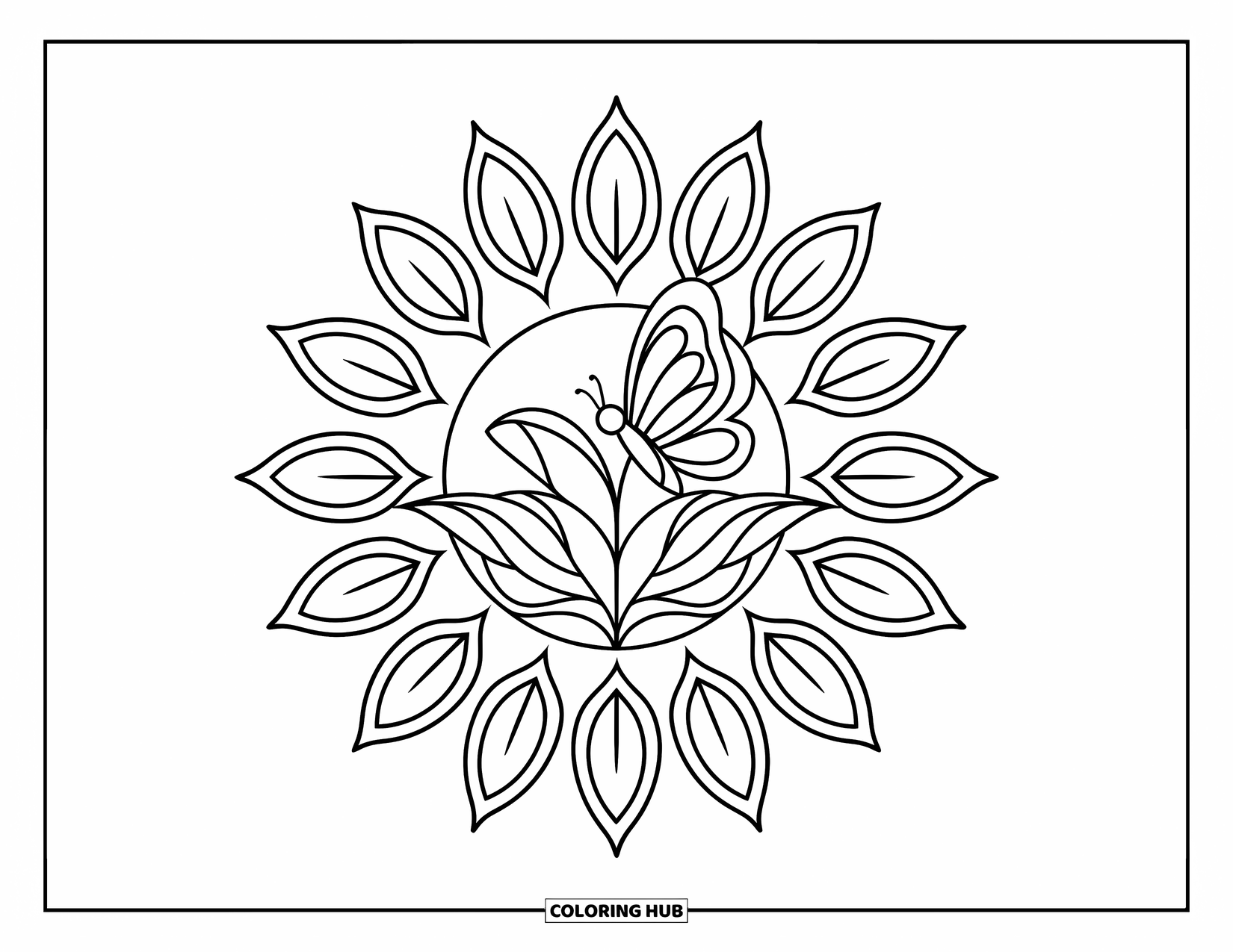 Butterfly Mandala Coloring Page for Kids: Mandala with butterfly perched on flower and leafy bursts