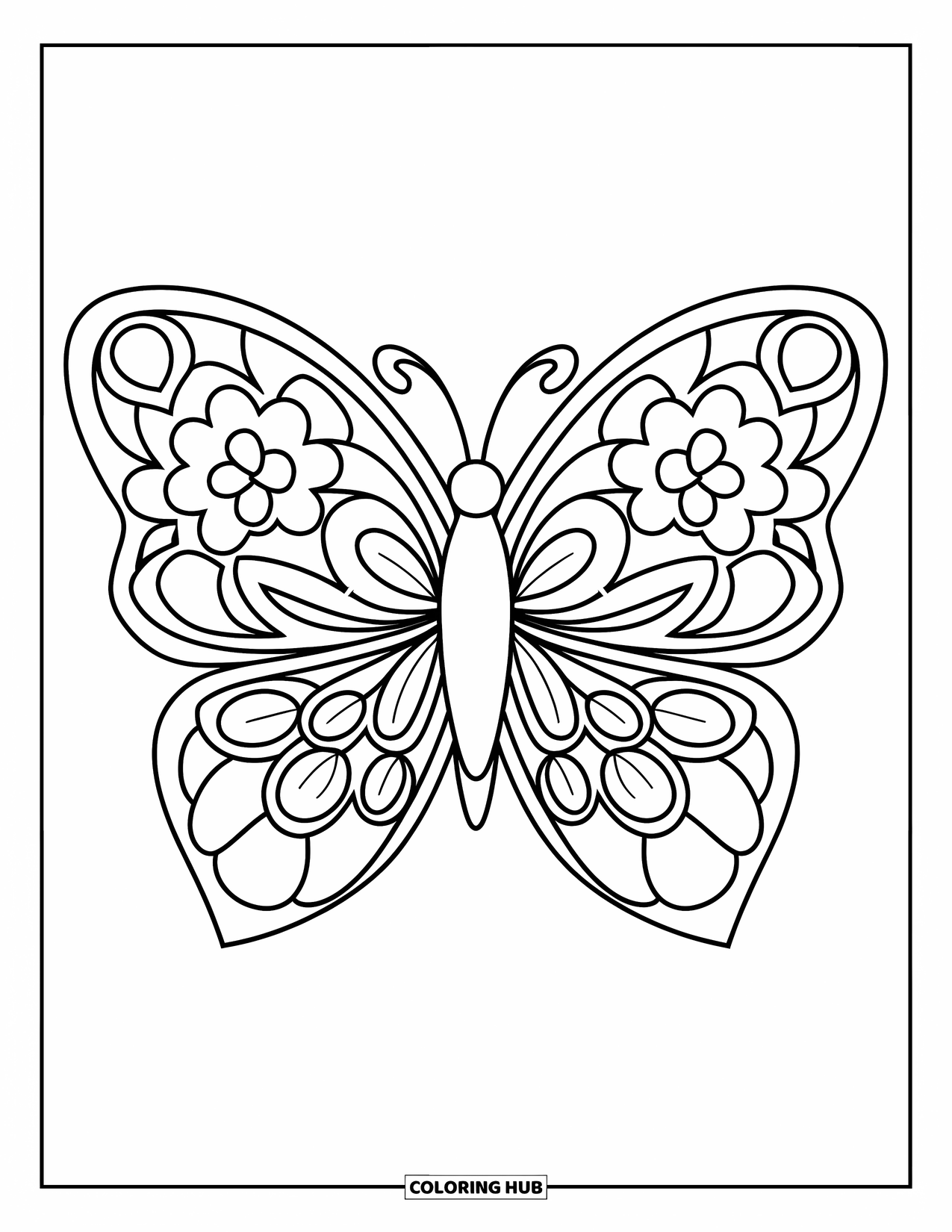 Butterfly Mandala Coloring Page for Kids: Petal-wing butterfly framed with happy leaves and flowers