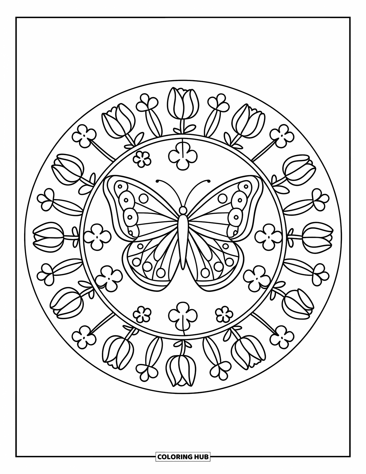 Butterfly Mandala Coloring Page for Kids: Simple butterfly mandala ringed with clovers and tulips for kids