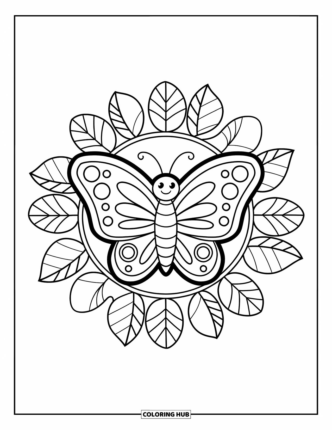 Butterfly Mandala Coloring Page for Kids: Smiling butterfly sits in a leaf-shaped mandala