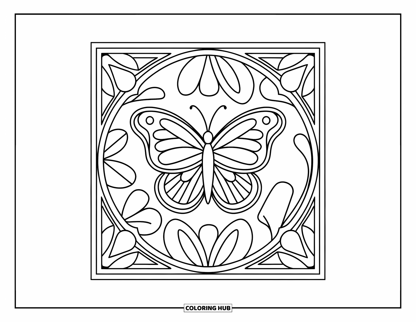 Butterfly Mandala Coloring Page for Kids: Spring-themed mandala with butterfly and simple floral shapes