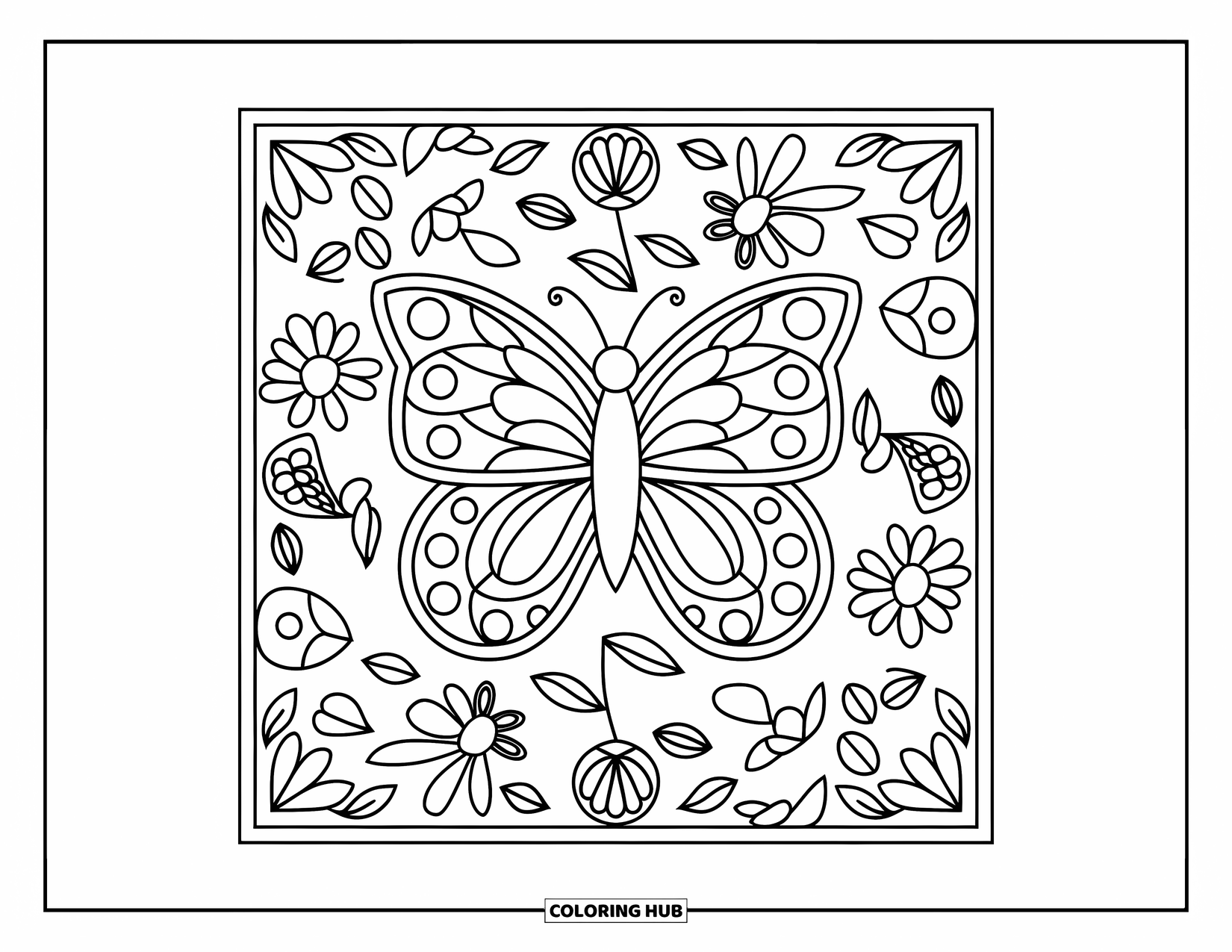 Butterfly Mandala Coloring Page for Kids: Square-framed mandala with butterfly and spring designs for kids