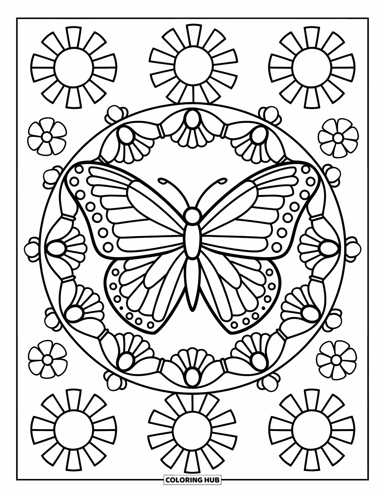 Butterfly Mandala Coloring Page for Kids: Sun rays and petals shine around a smiling butterfly