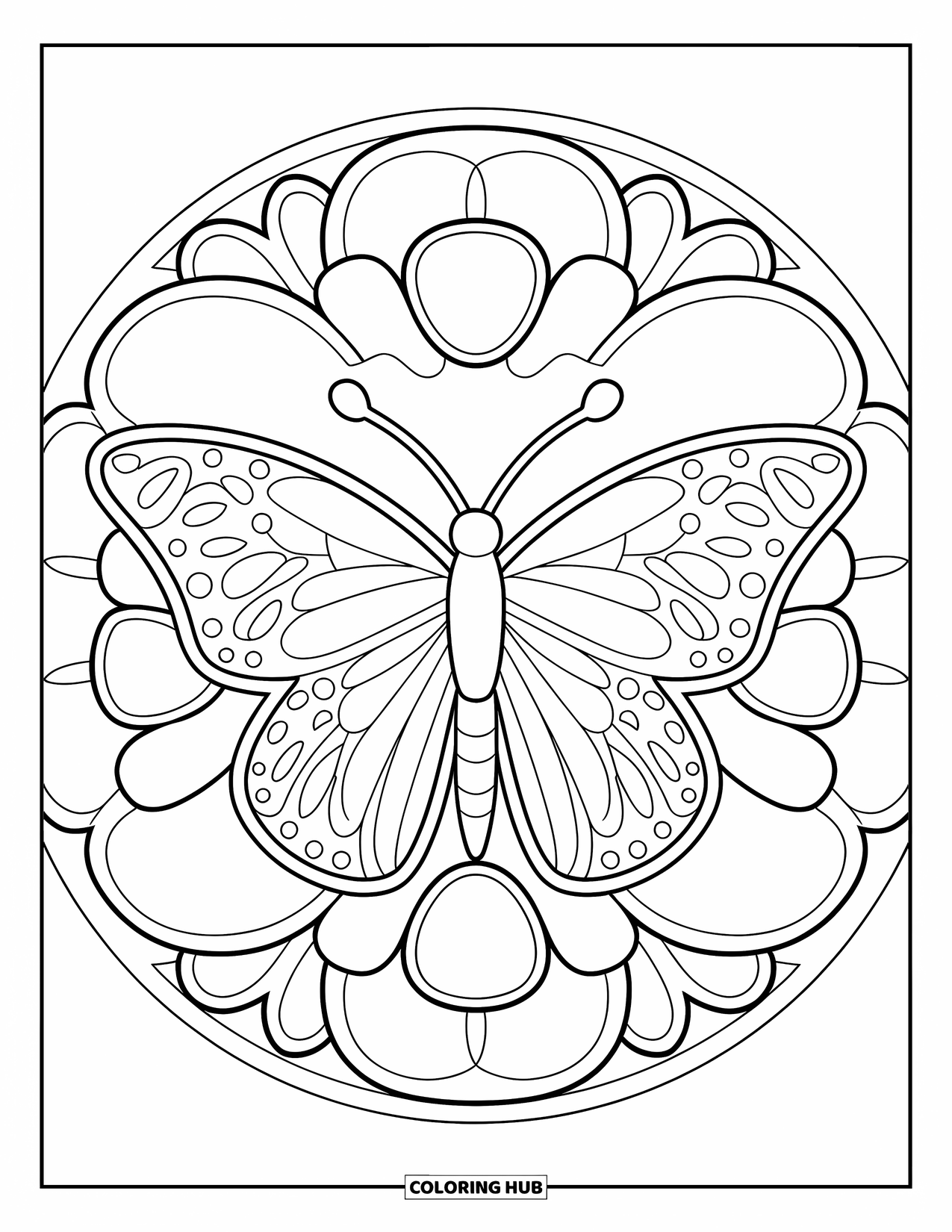 Butterfly Mandala Coloring Page for Kids: Wide butterfly with thick petals and easy shapes to color