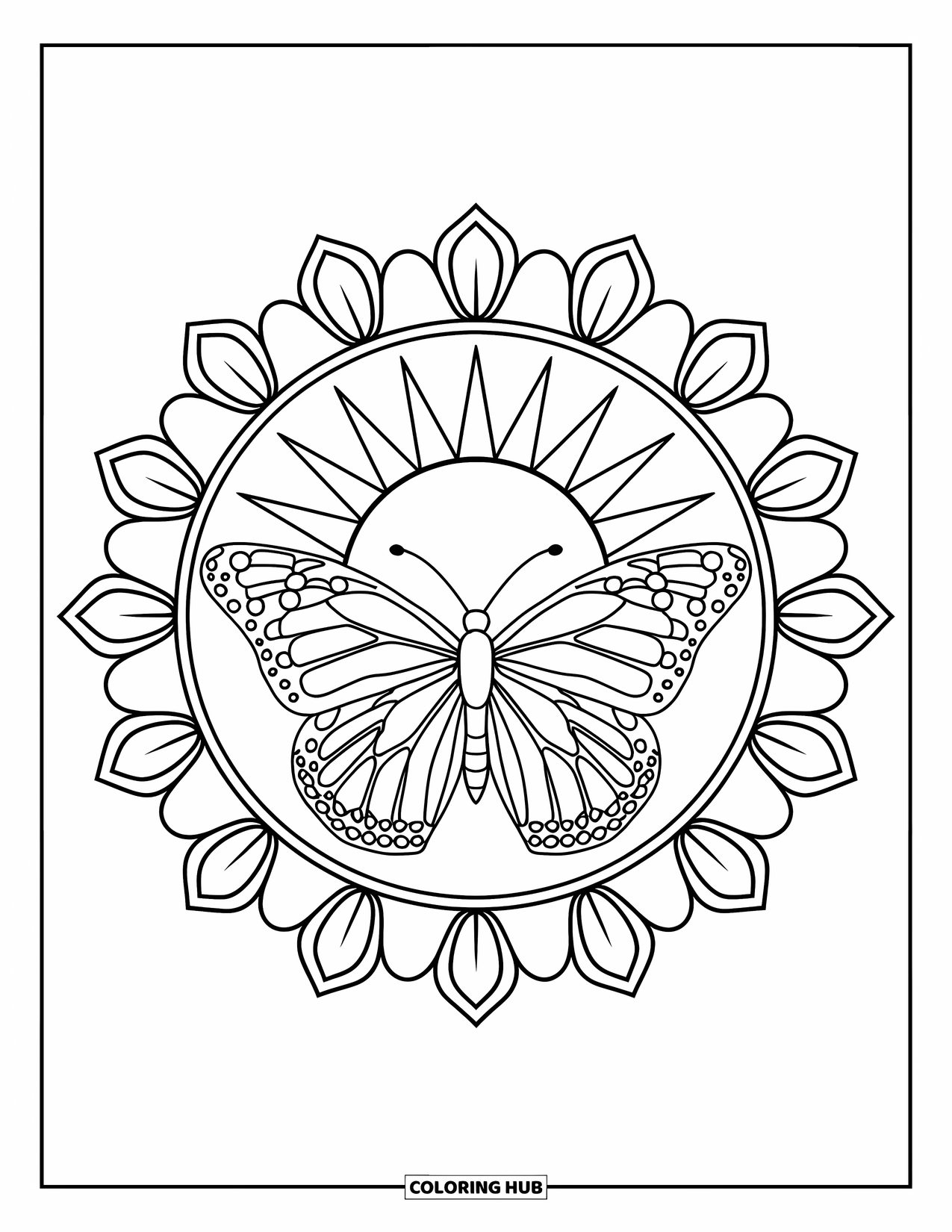 Butterfly Mandala Coloring Page for Kids: Wide-wing butterfly sits in a sunny flower burst