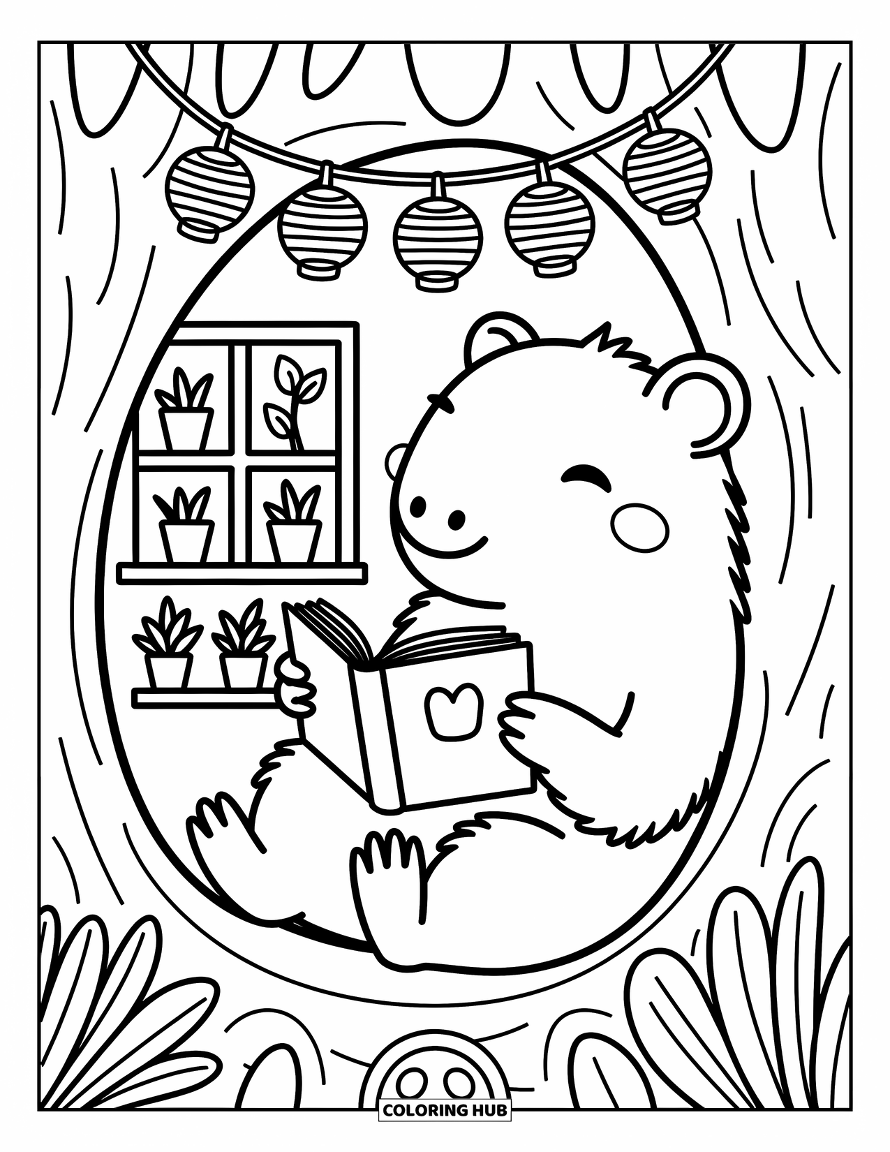 Capybara Coloring Page for Adults: Capybara cozies up in a treehouse nook with books, plants, and hanging lanterns