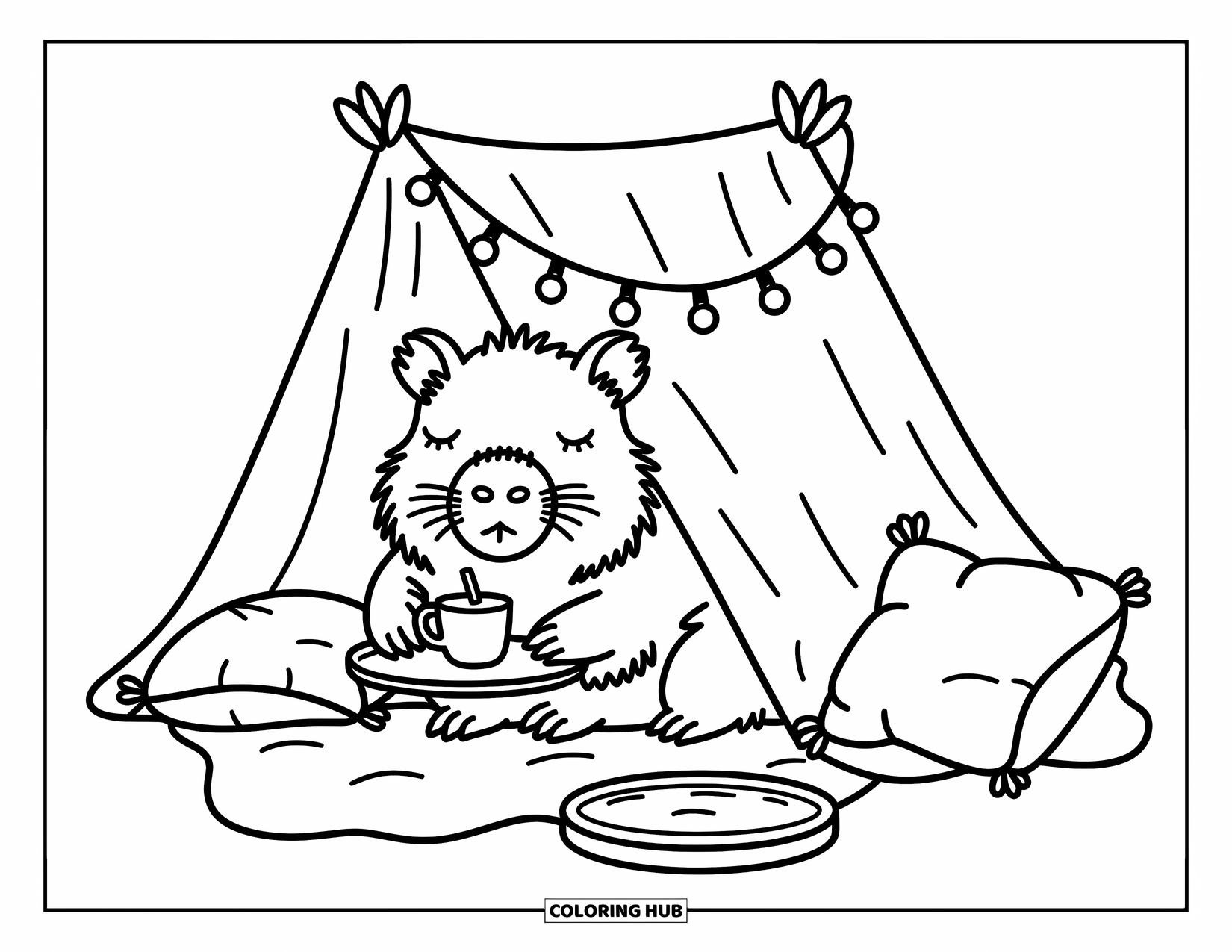 Capybara Coloring Page for Adults: Capybara curls up in a blanket fort with lights and a tiny warm drink
